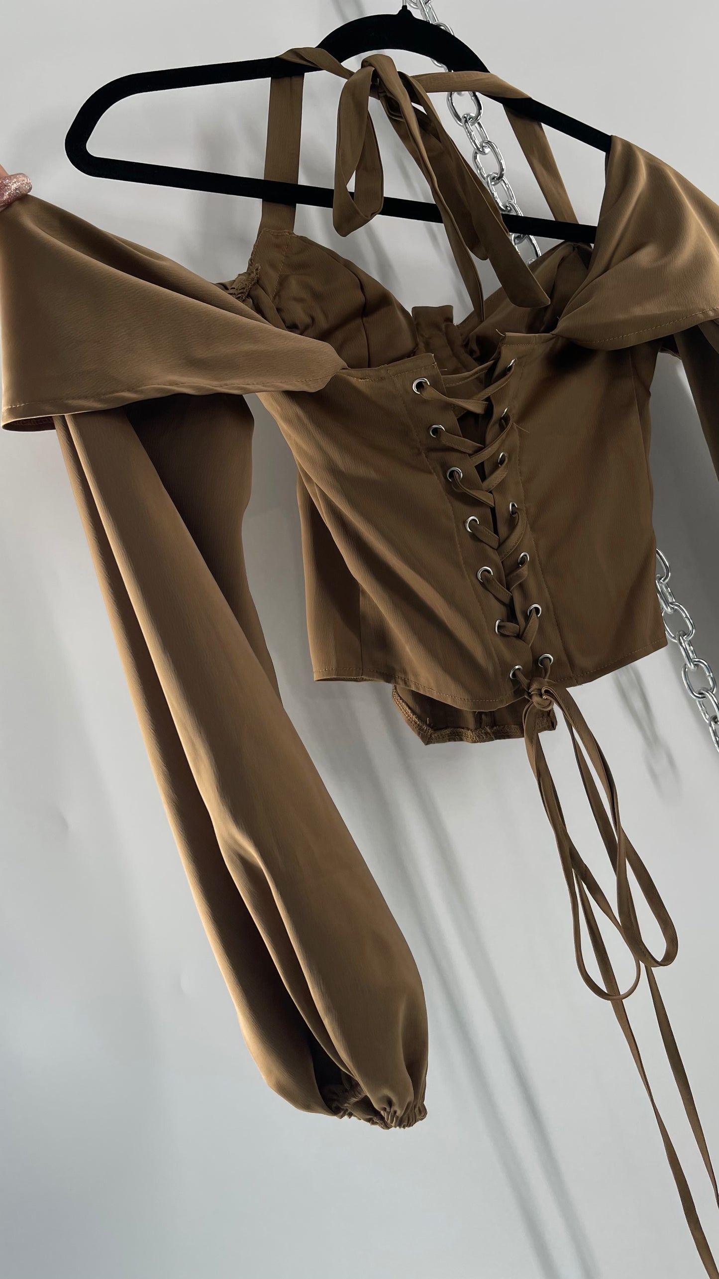 Pretty Little Thing Tan/Gold Corset Blouse with Draped Shoulders, Balloon Sleeves, Halter Strap and Lace Up Back (4)