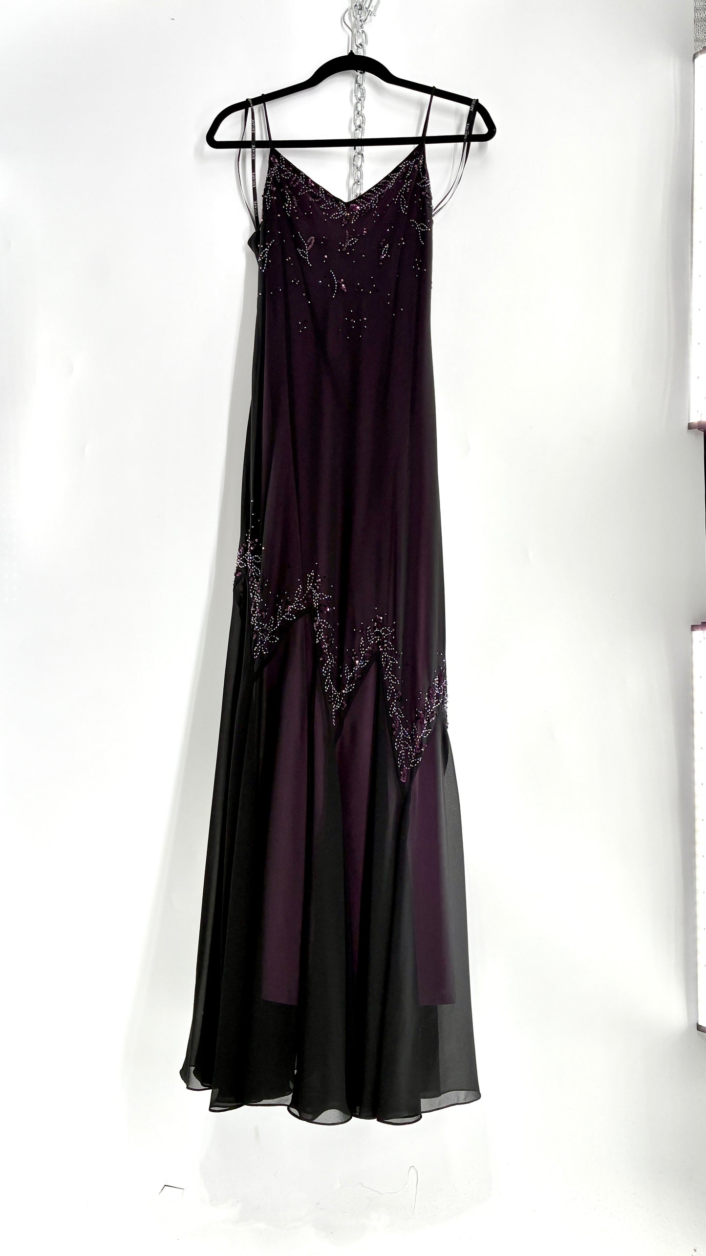 Vintage XSCAPE Full Length Black Beaded Gown with Purple Underlay (4)