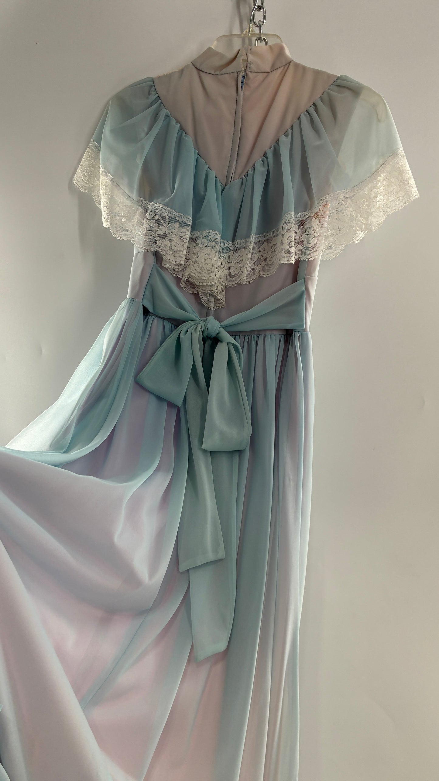 Vintage Handmade 1960s Powder Blue Overlay, Lilac Underlay Gown, Prairie Wedding Dress