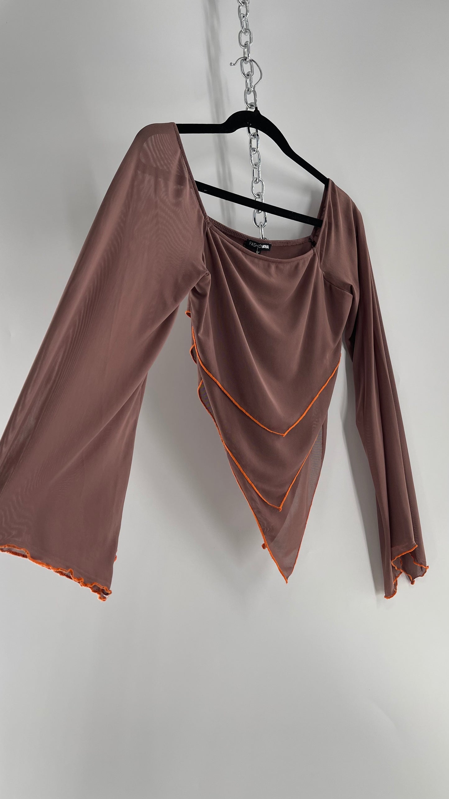 Fashion Nova Brown Mesh Pointed Hem Blouse with Bell Sleeves and Orange Contrast Stitch