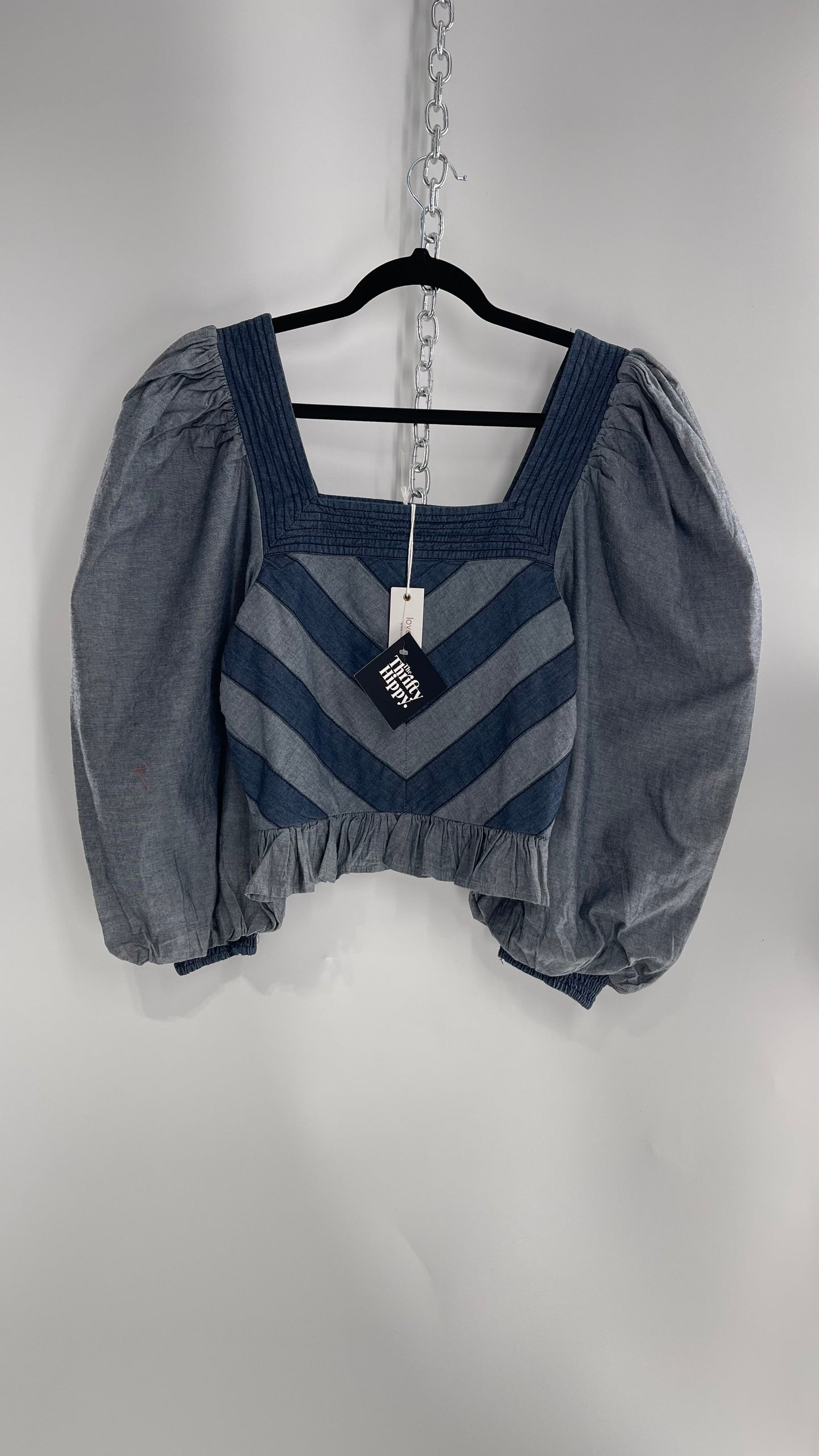 Love the Label ANTHROPOLOGIE Chambray, Chevron, Denim Smocked Blouse with Dramatic Sleeves and Tags Attached (Small)