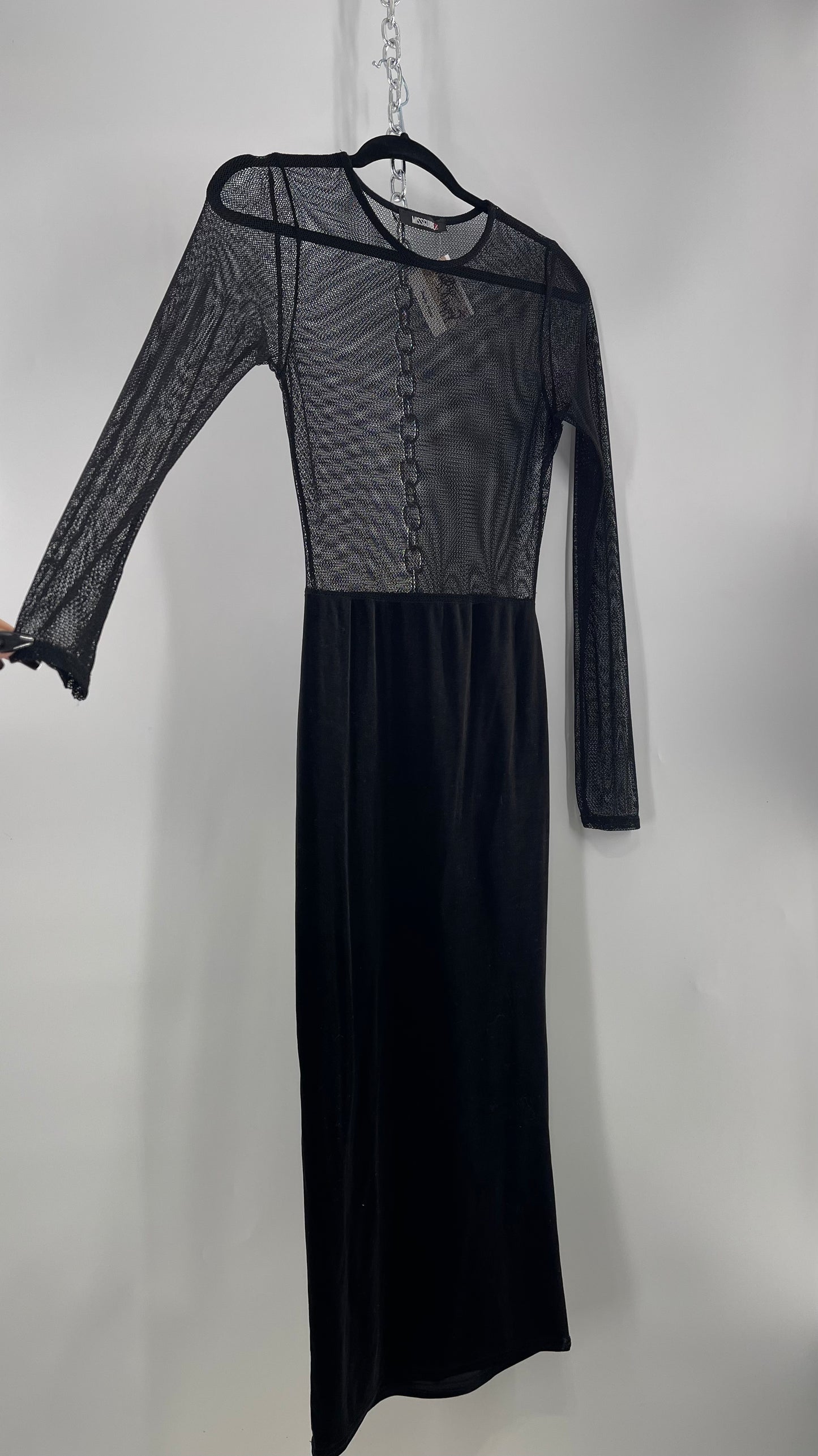 MISSGUIDED Black Midi Bodycon with Velvet Skirt and Mesh Bodice (4)