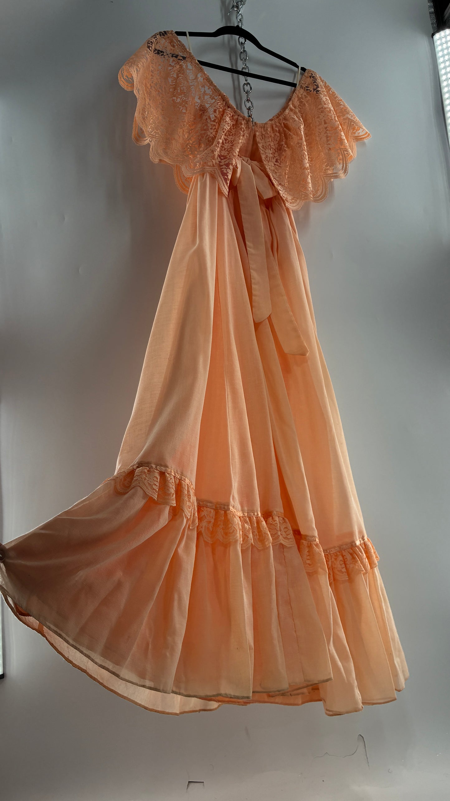 Vintage 1960s Ruffled Off the Shoulder Peach Full Length Voluminous Gown with Tie Back (9/10)