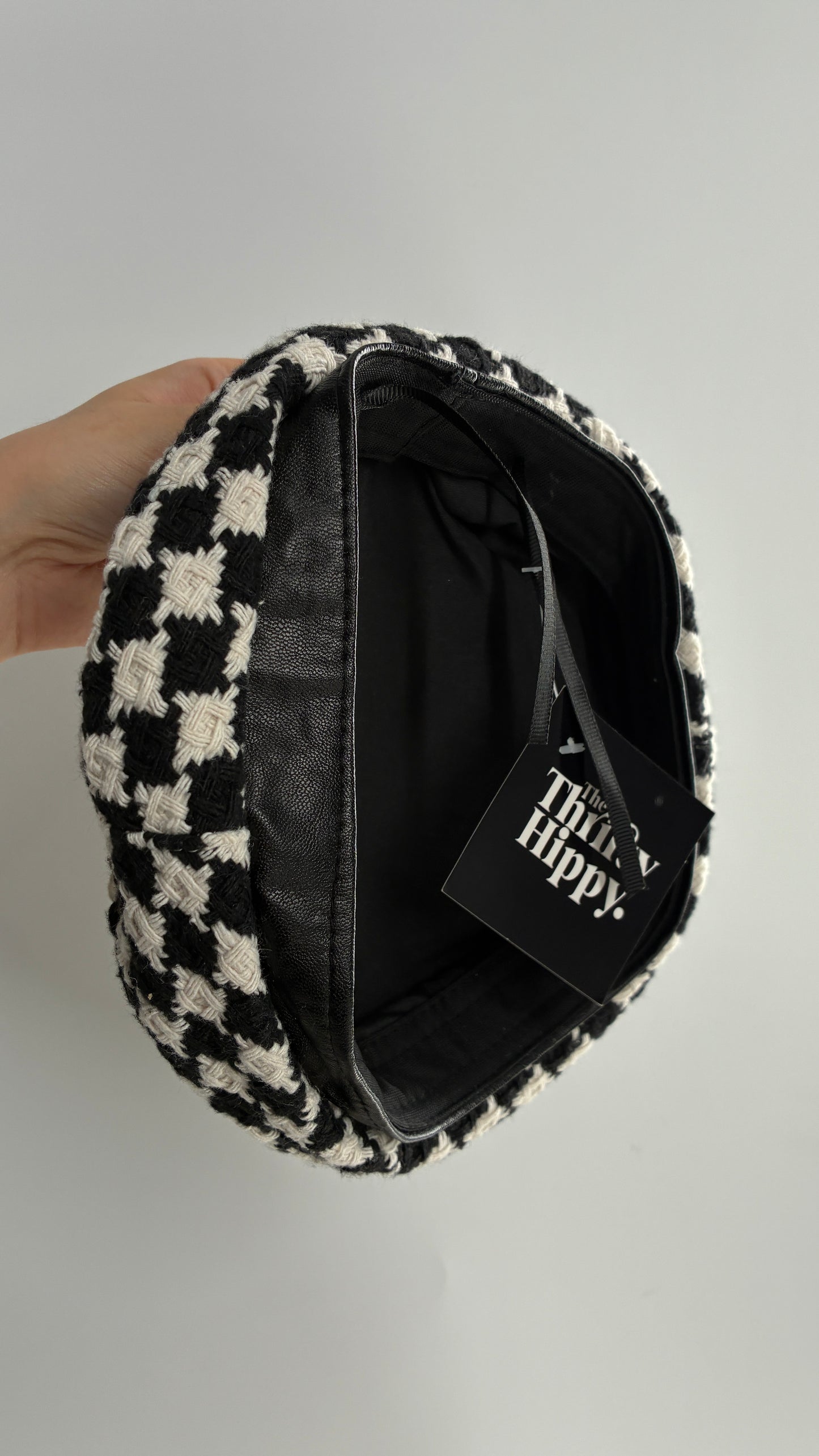 Black and White Knit Houndstooth Beret with Vegan Leather Band
