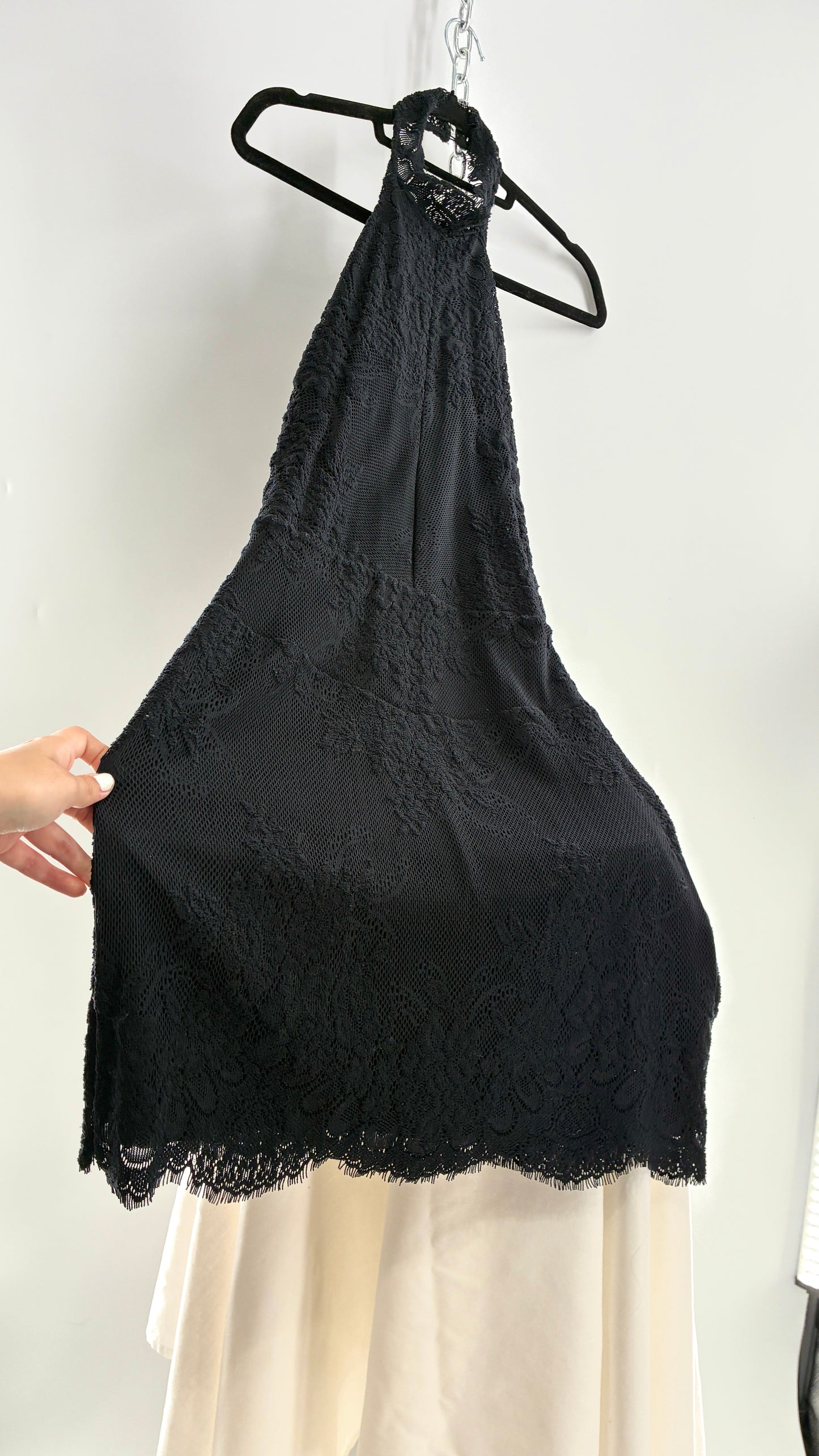 Free People Black Lace Halter Mini Dress with Open Back (Medium)