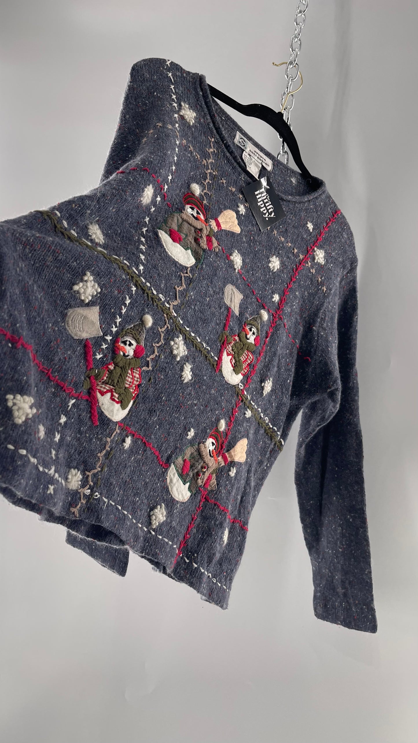 Vintage Urban Outfitters Christmas/Holiday Sweater with Festive Snowmen Snowflakes, and Contrast Stitch Detail (S)