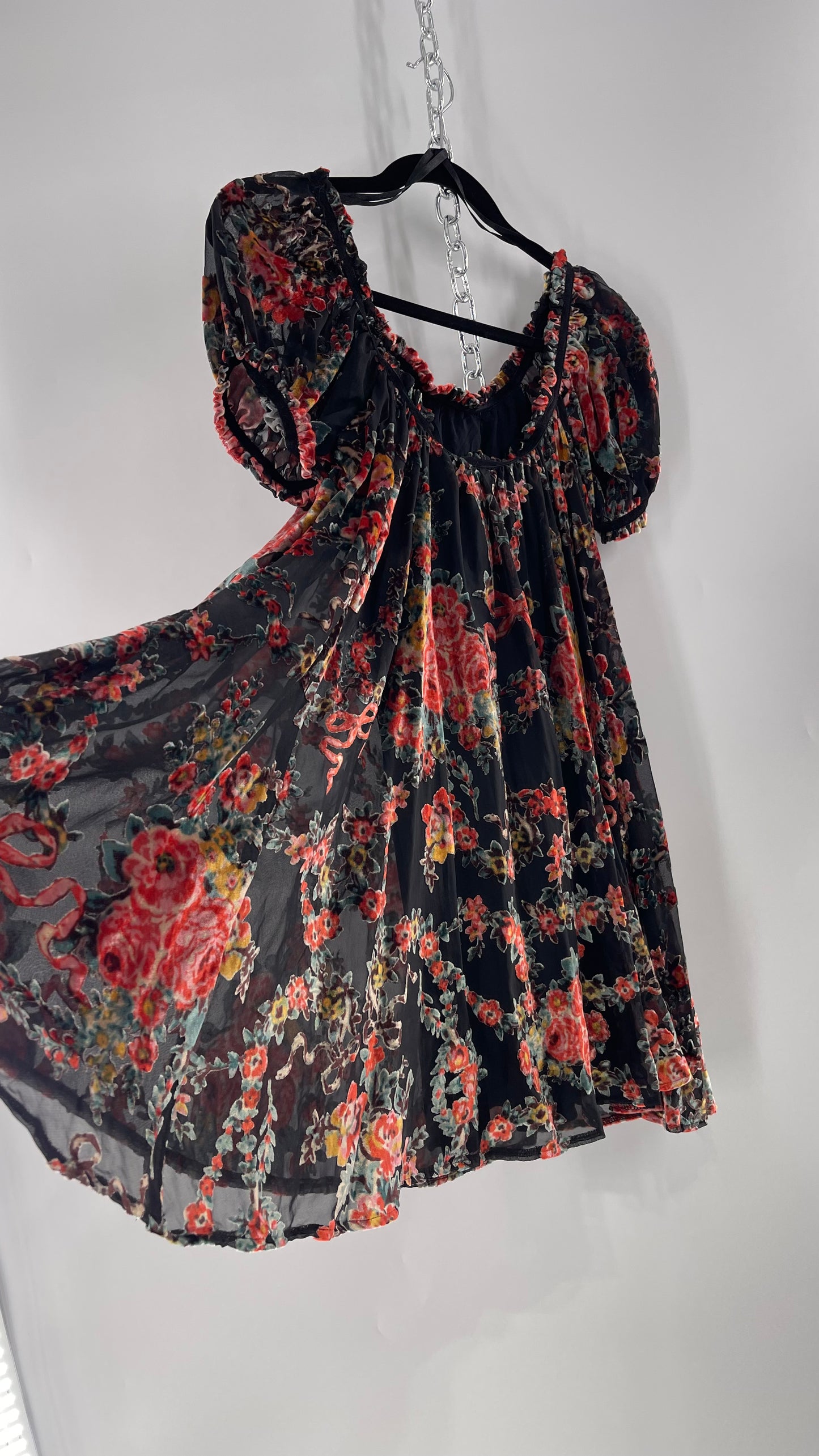 Free People Beautiful Blooms Velvet Florals Babydoll Dress (Small)