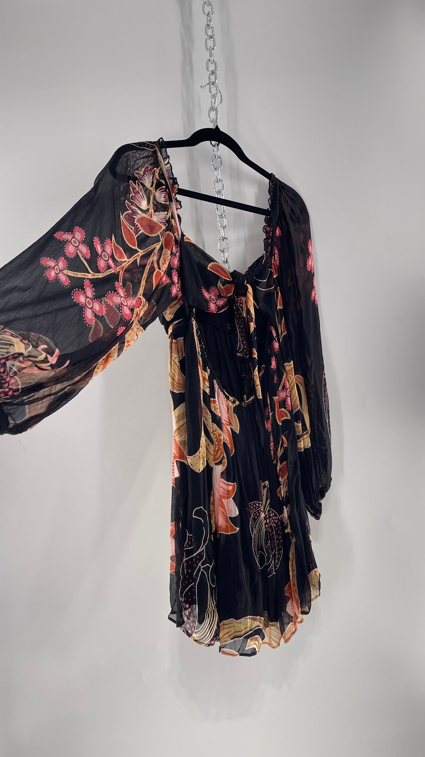 Anthropologie Let Me Be Crimped Black Chiffon Pink Floral Patterned l Dress with Tie/Open Back Detail and Tags Attached (Small)
