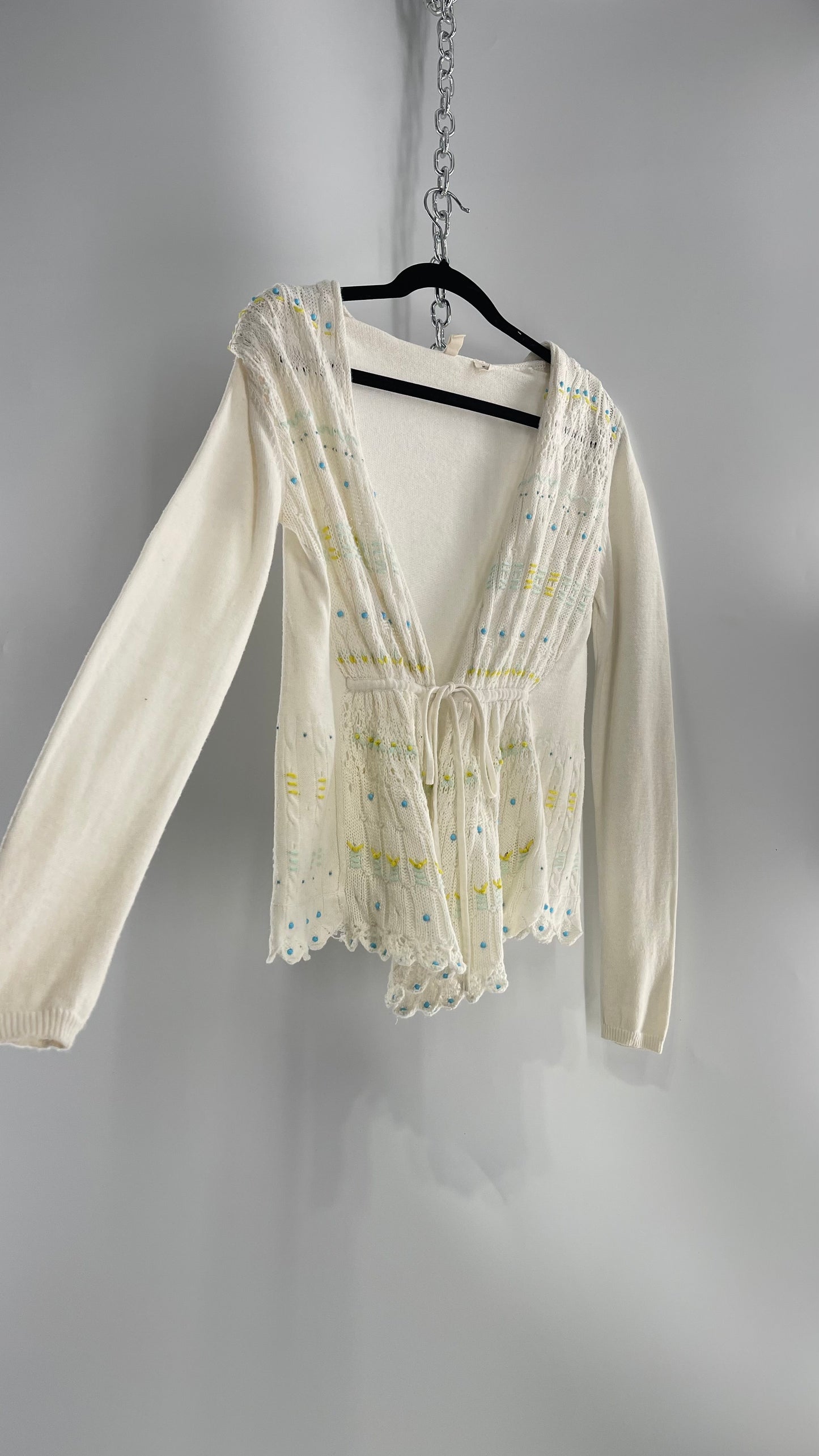 MOTH Anthropologie Beige Knit Tie Bust Sweater with Embroidered Daisies and Delicate Beading (Small)