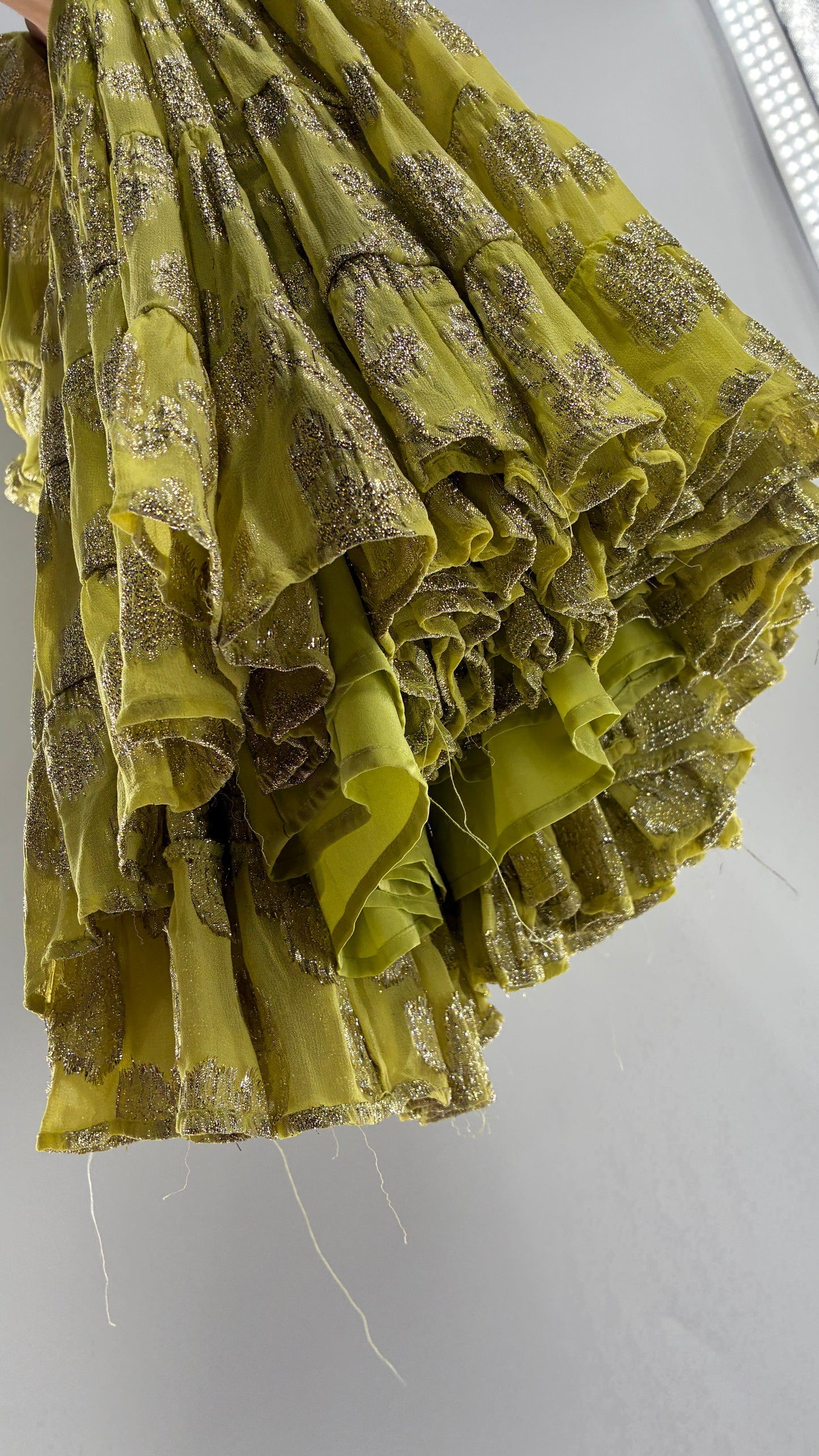 LET ME BE Lime Yellow/Green Ultra Voluminous Tiered Dress with Gold Metallic Jacquard Appliqué Pattern (XL)