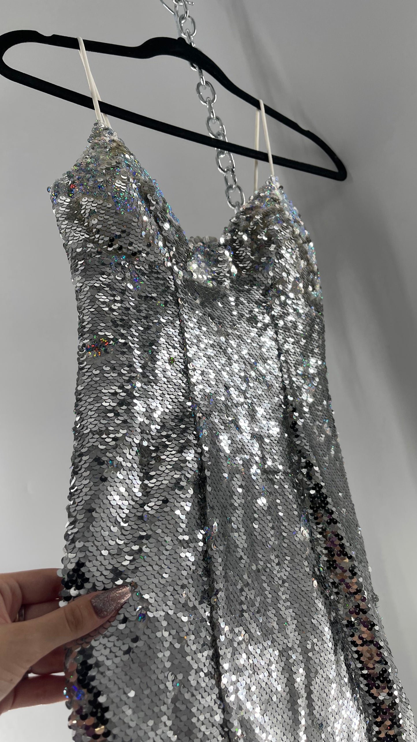 Princess Polly Silver Iridescent Sequin Mini Dress with Triangle Cups and Thigh Slit (0)