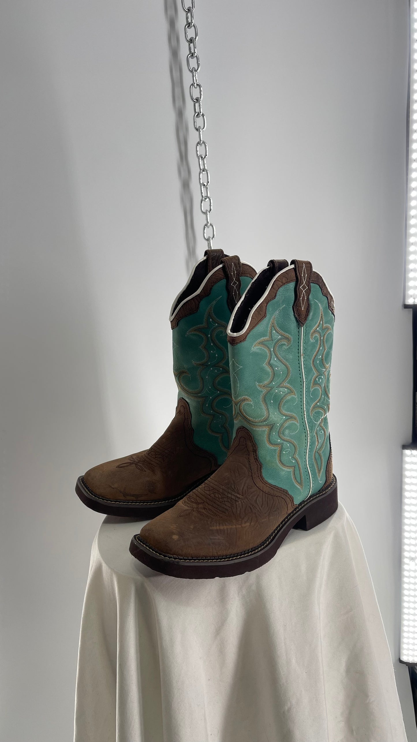 Vintage Justin Gypsy Brown Leather Turquoise Raya Cowboy Boots (8.5B)