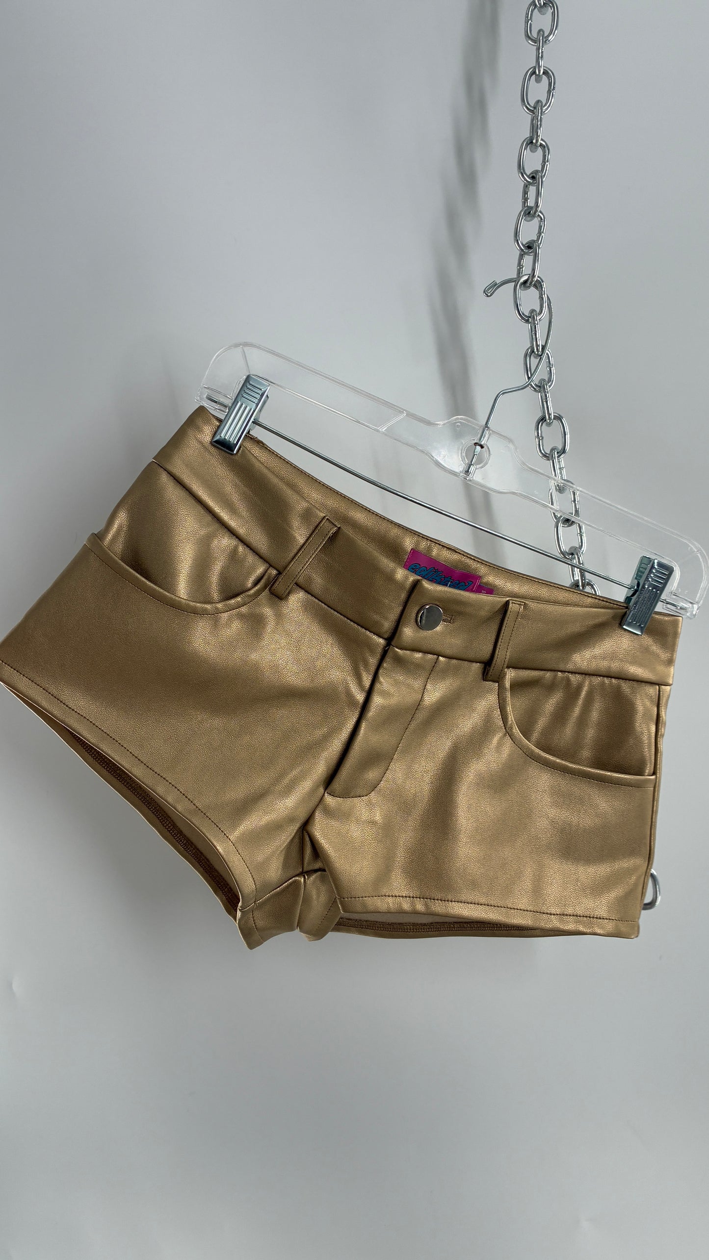 EDIKTED Gold Vegan Leather Low Waisted Hot Shorts (XS)