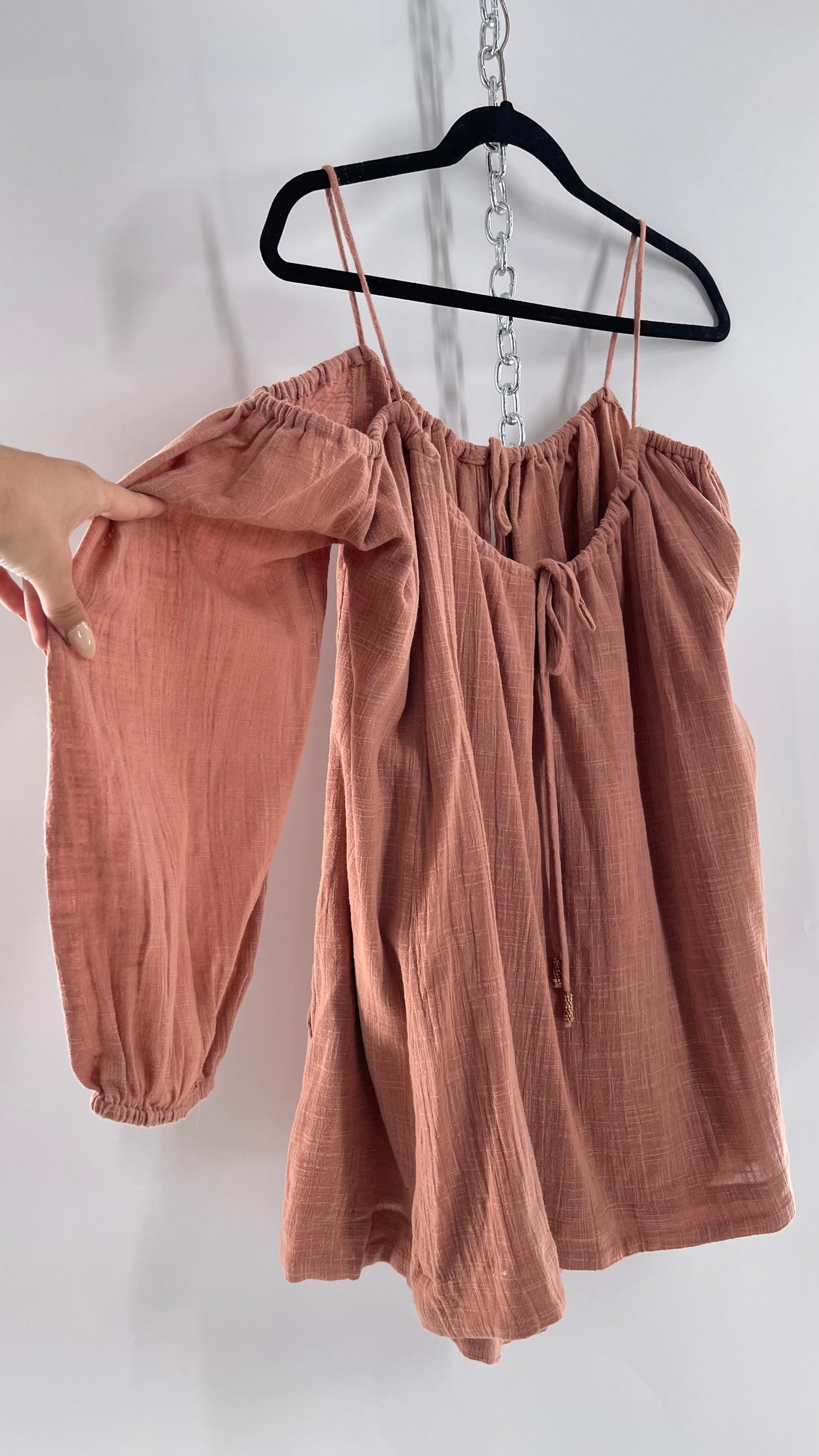 Free People Cotton Blush Pink Button Front Cold Shoulder Dress (Medium)