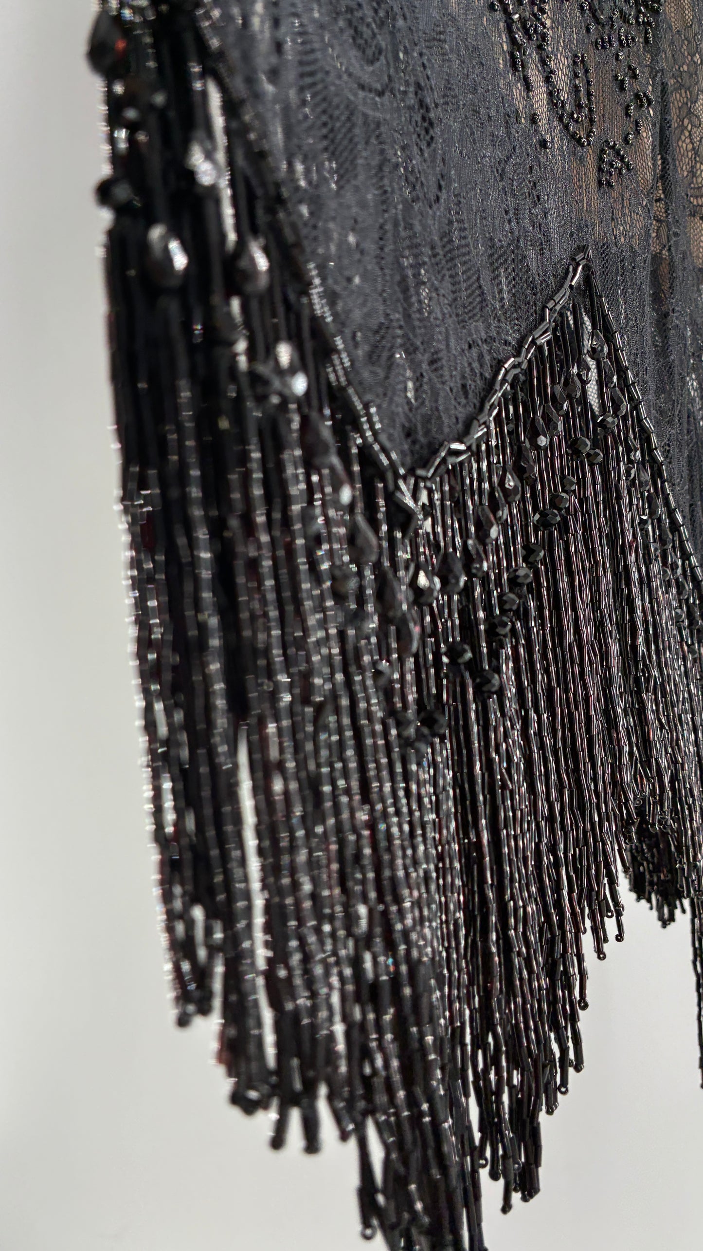 Vintage Haute Hippie Black Lace Nude Underlay Dress with Pointed Heavily Beaded Fringe Hem (2)