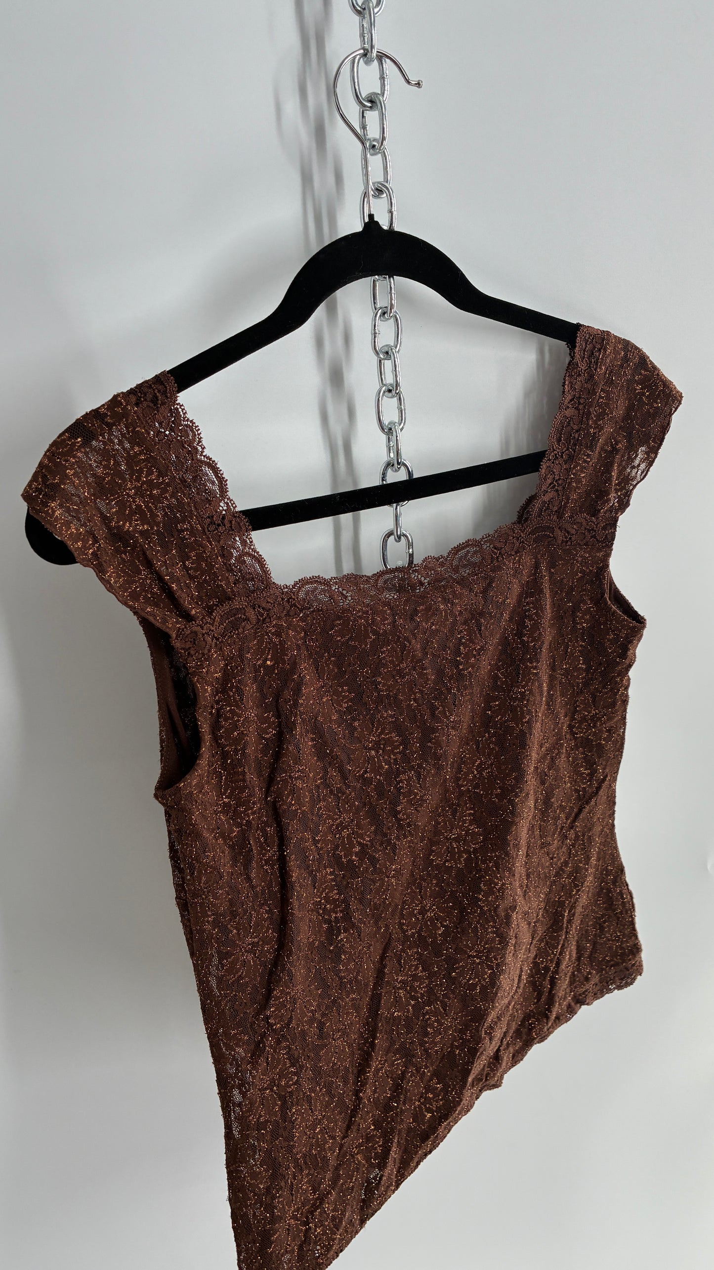 Vintage 1990s Brown Gold Tinsel Lace Straight Neckline Top (M)