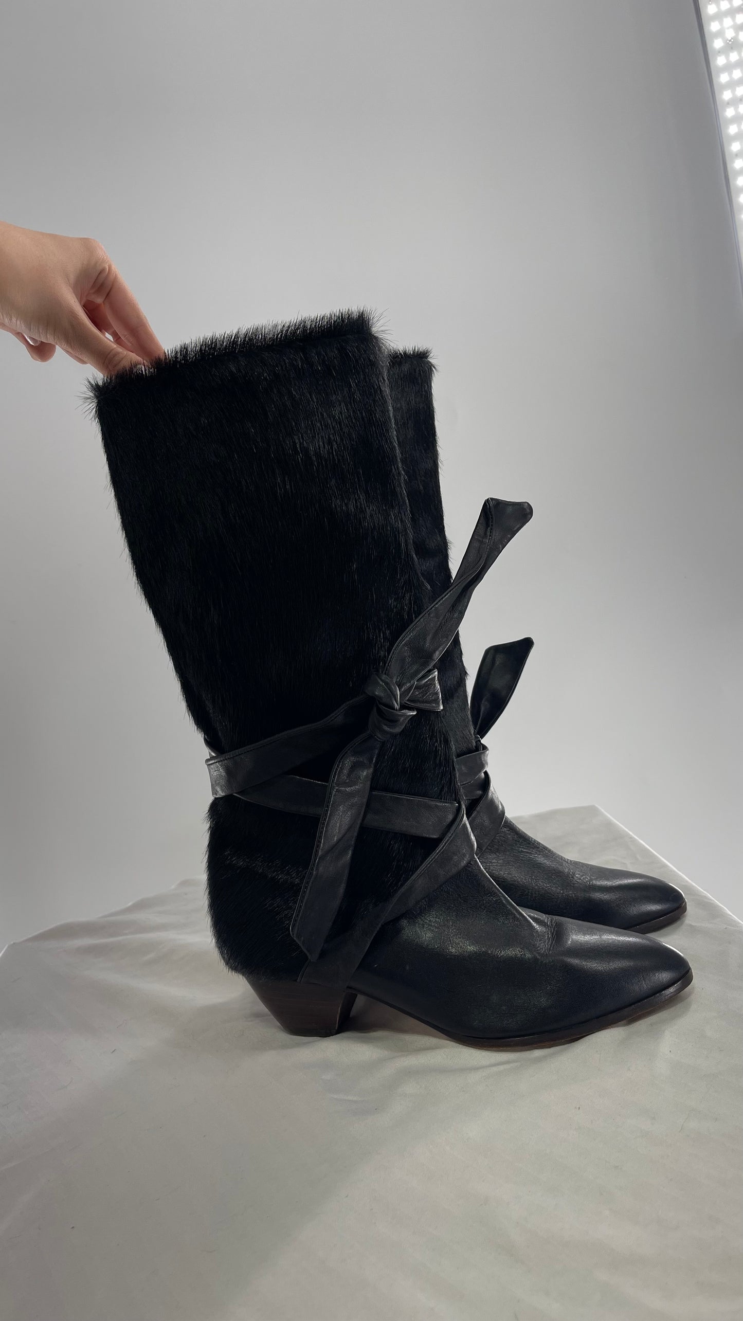 Vintage Nickels Black Italian Fur Boot with Leather Straps (7)