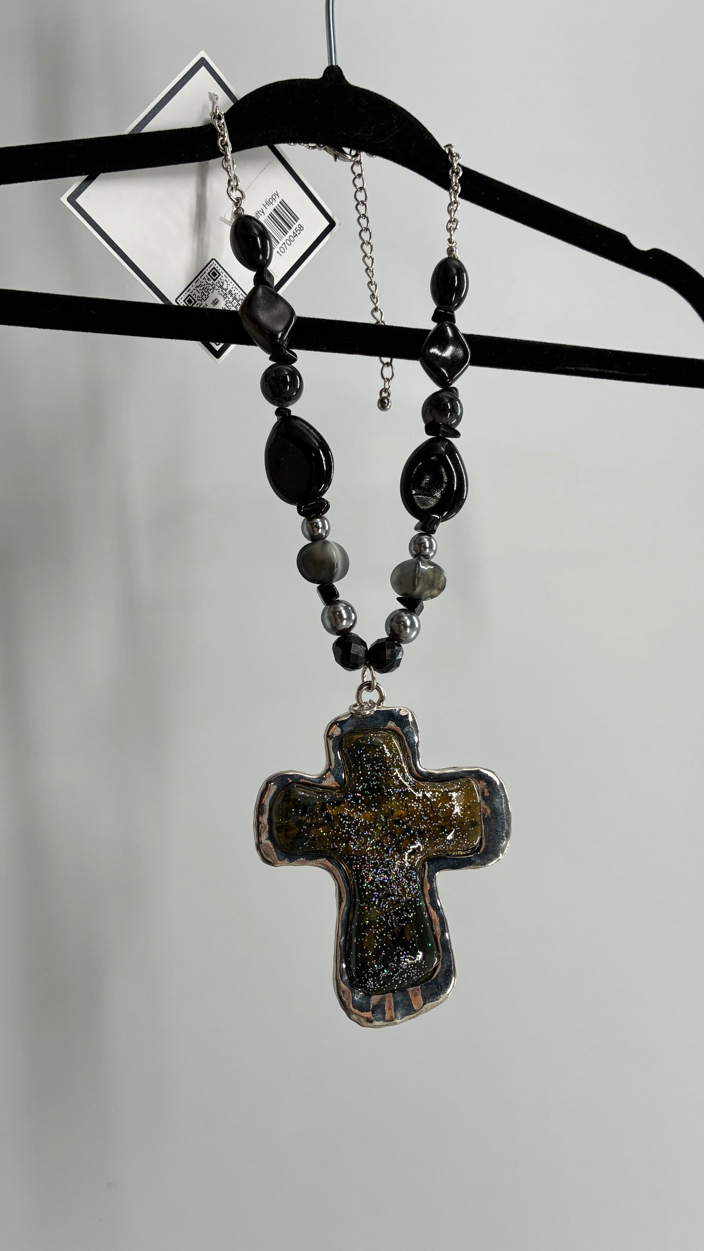 Vintage 1990s Beaded Black Necklace with Iridescent Glitter Cross