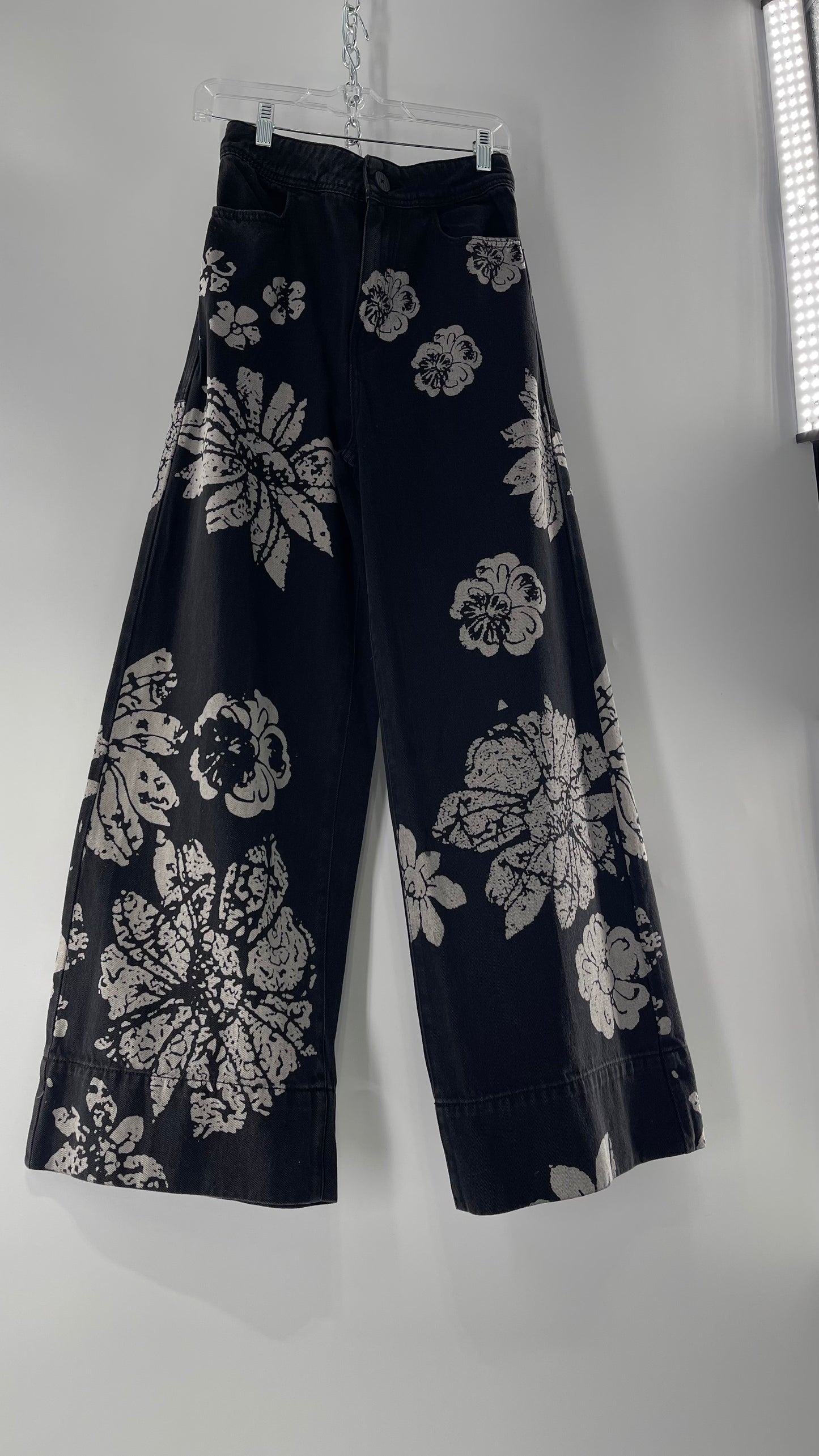 Free People Black Wide Leg Jeans with White Hibiscus Floral Design (29)
