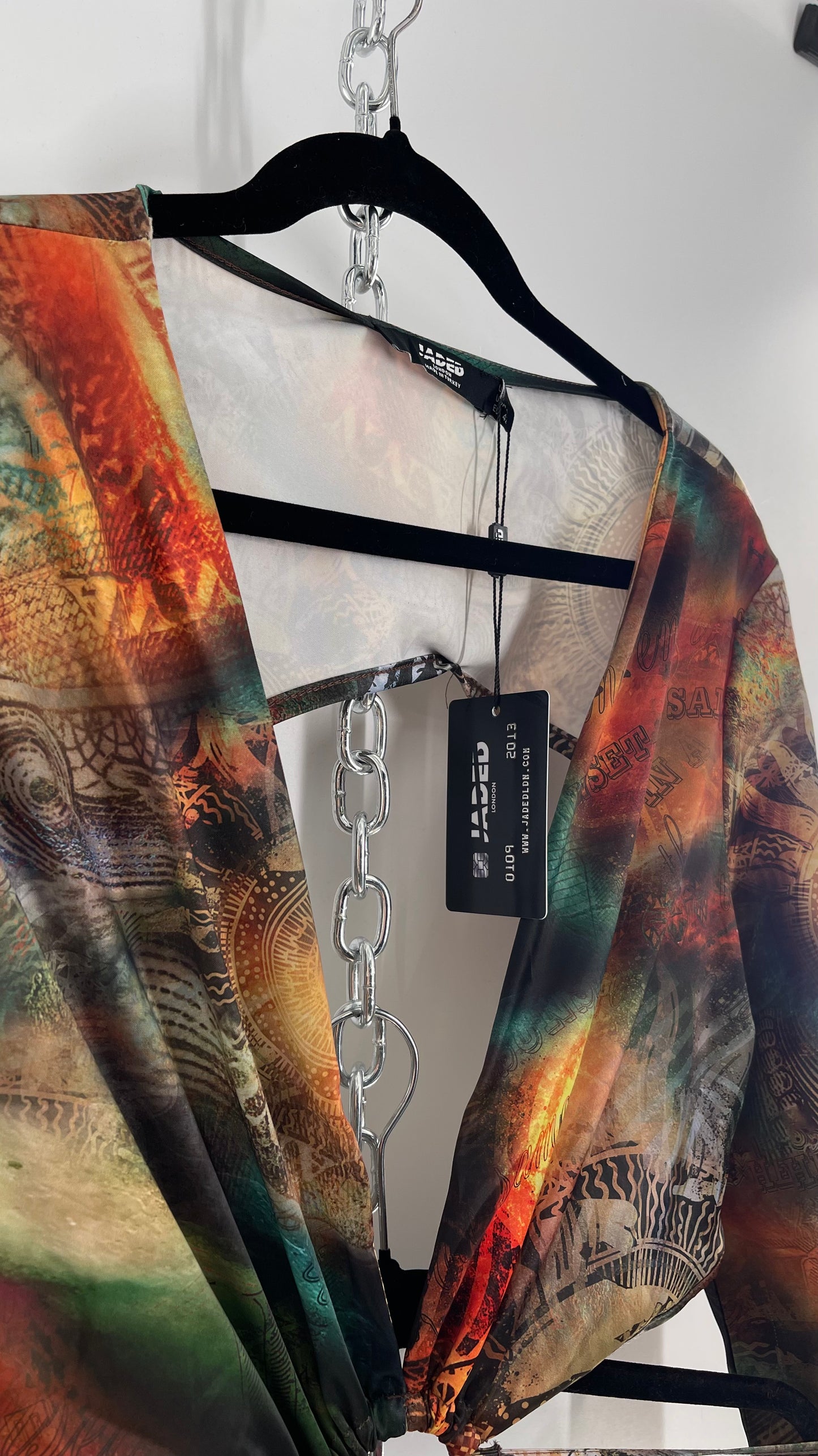 Jaded London Graphic Green, Orange, Yellow Dress with Bell Sleeves, Cut Out Waist and Straps (10)