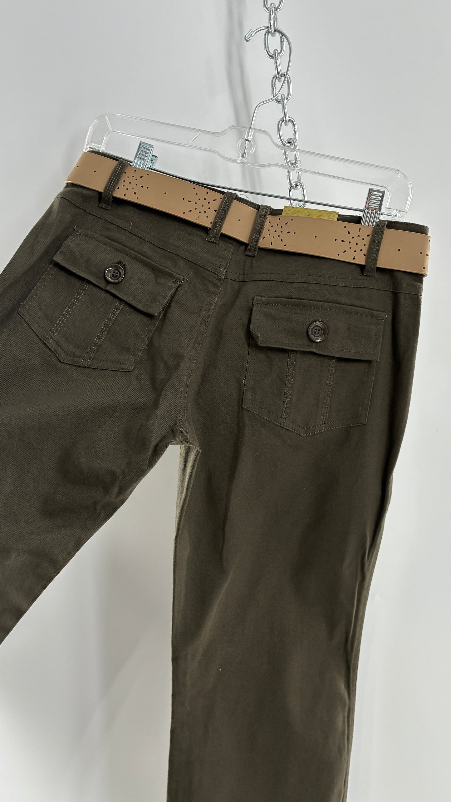 Deadstock Vintage MOKACHINO Olive Green Low Rise Kickflares with Hip/Bum Pockets and Built in Belt (7)
