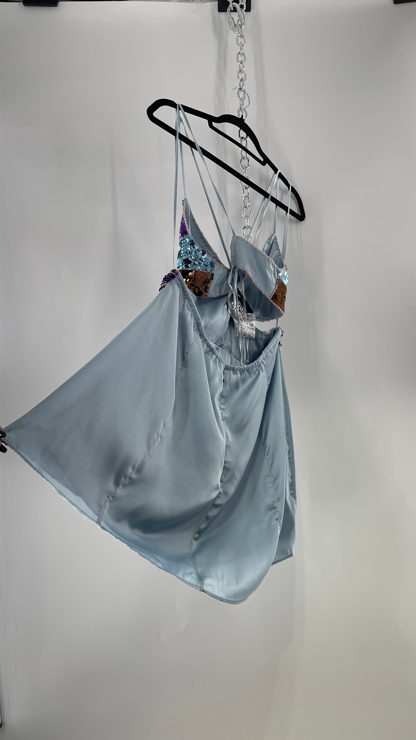 Urban Outfitters Light Blue Satin Butterfly Sequin Size L