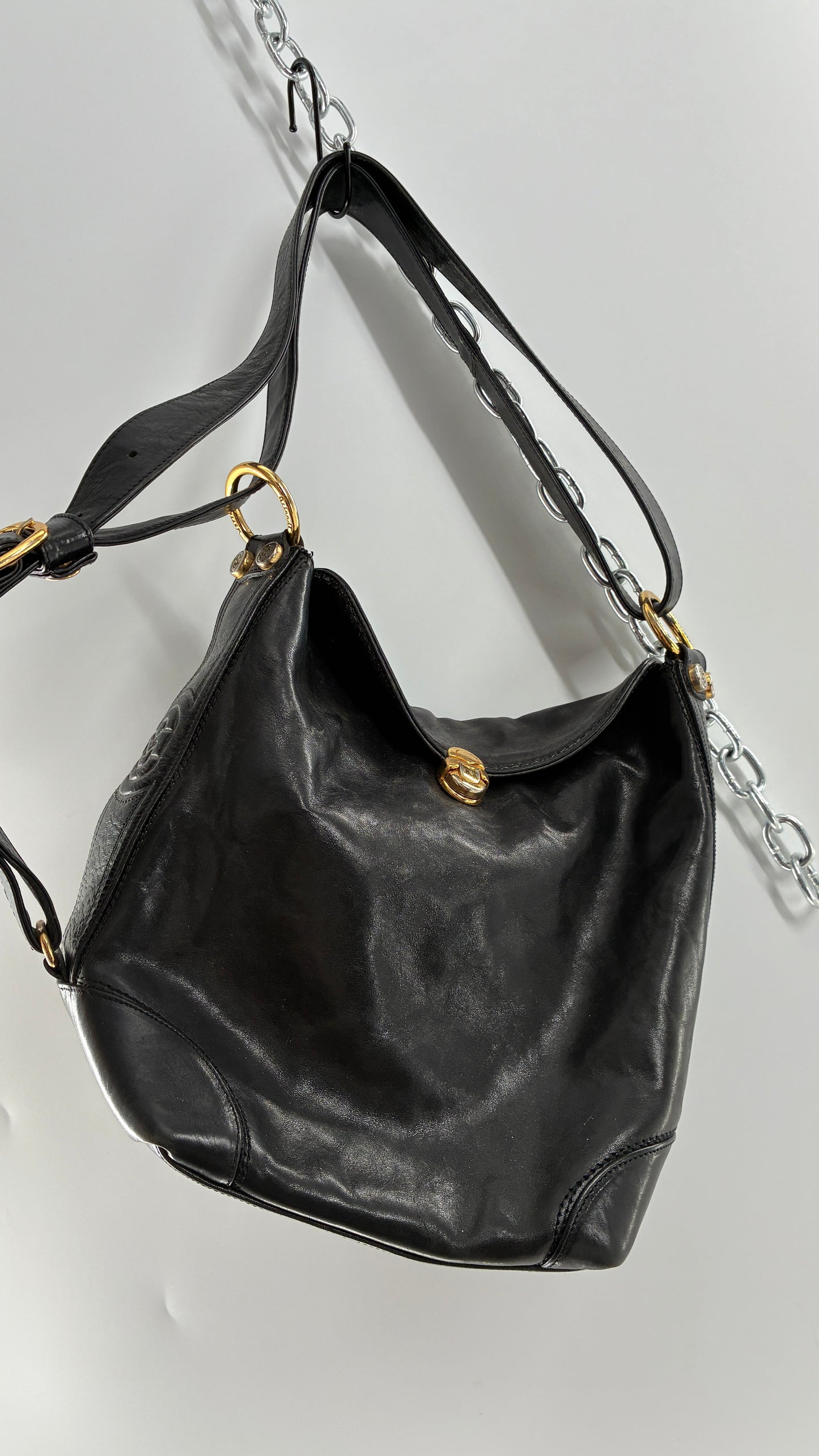 Vintage MARINO ORLANDI Black Leather Purse Made in Italy with Gold Embossed Hardware