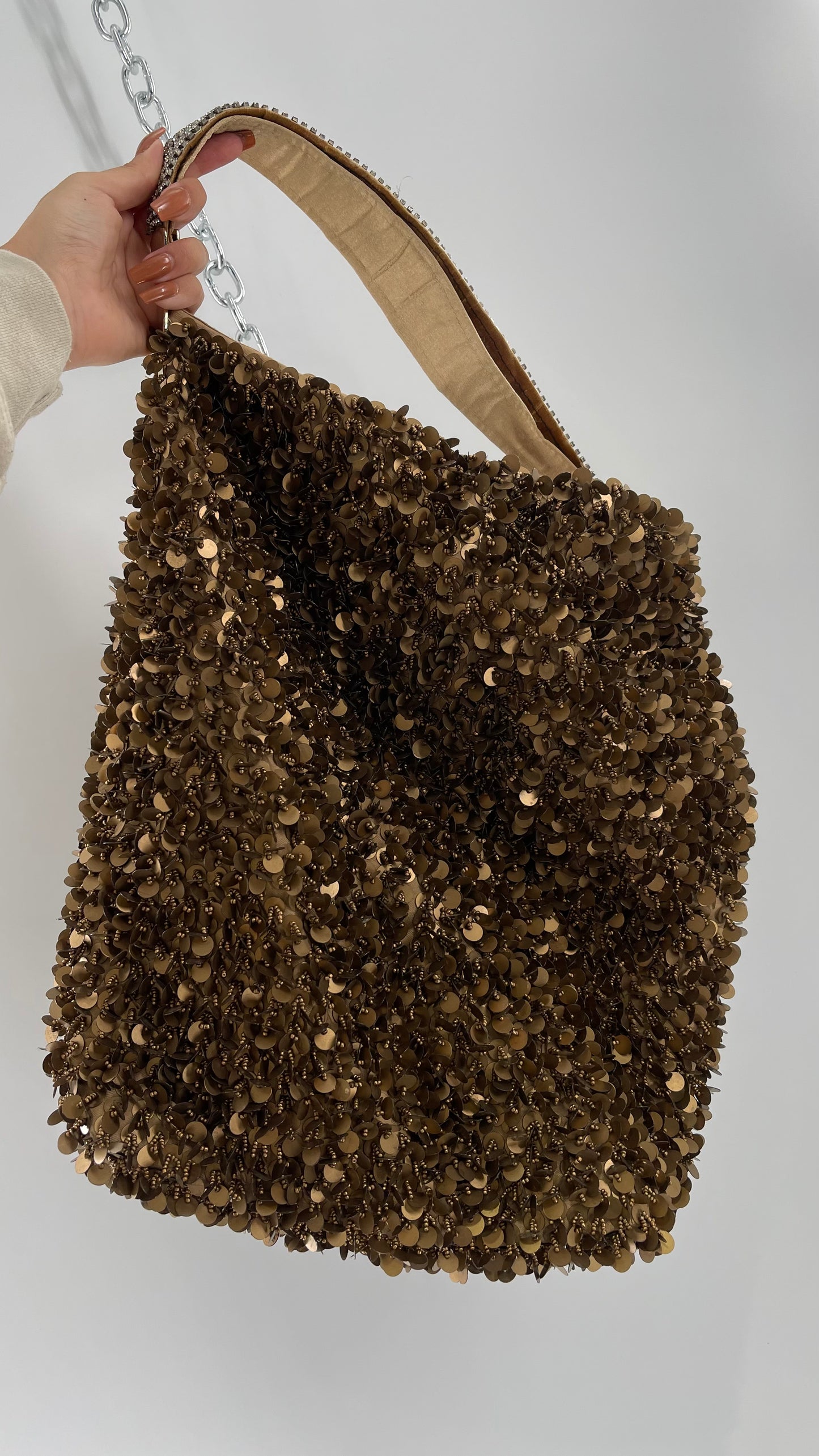 Deadstock The Find Marvelous Bronze Beaded Sequin Tote Bag with Gemstone Strap