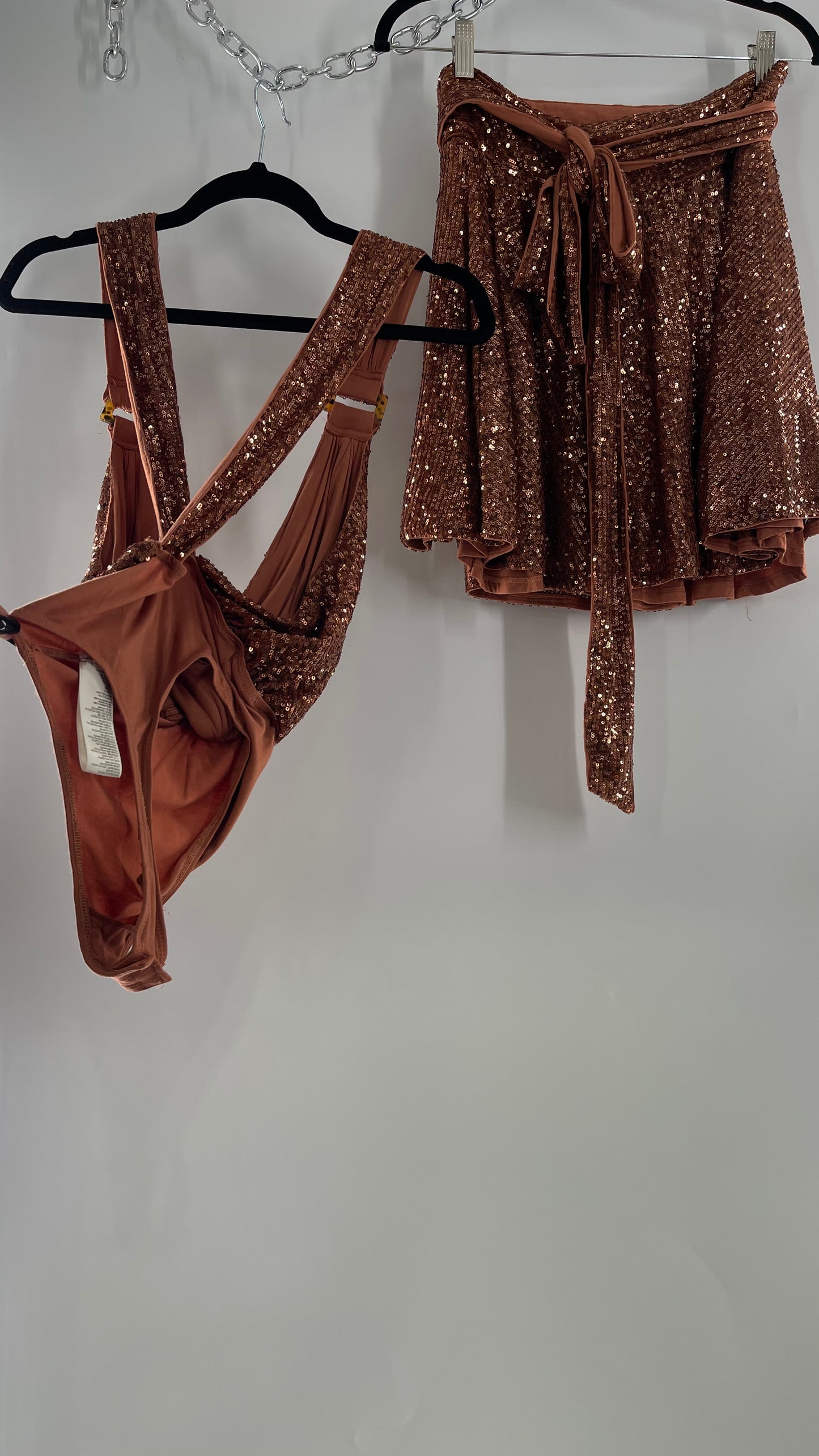 Free People Bronze Sequin 2Piece Set with Wrap Around Skirt and Bodysuit (XS body, S Skirt)