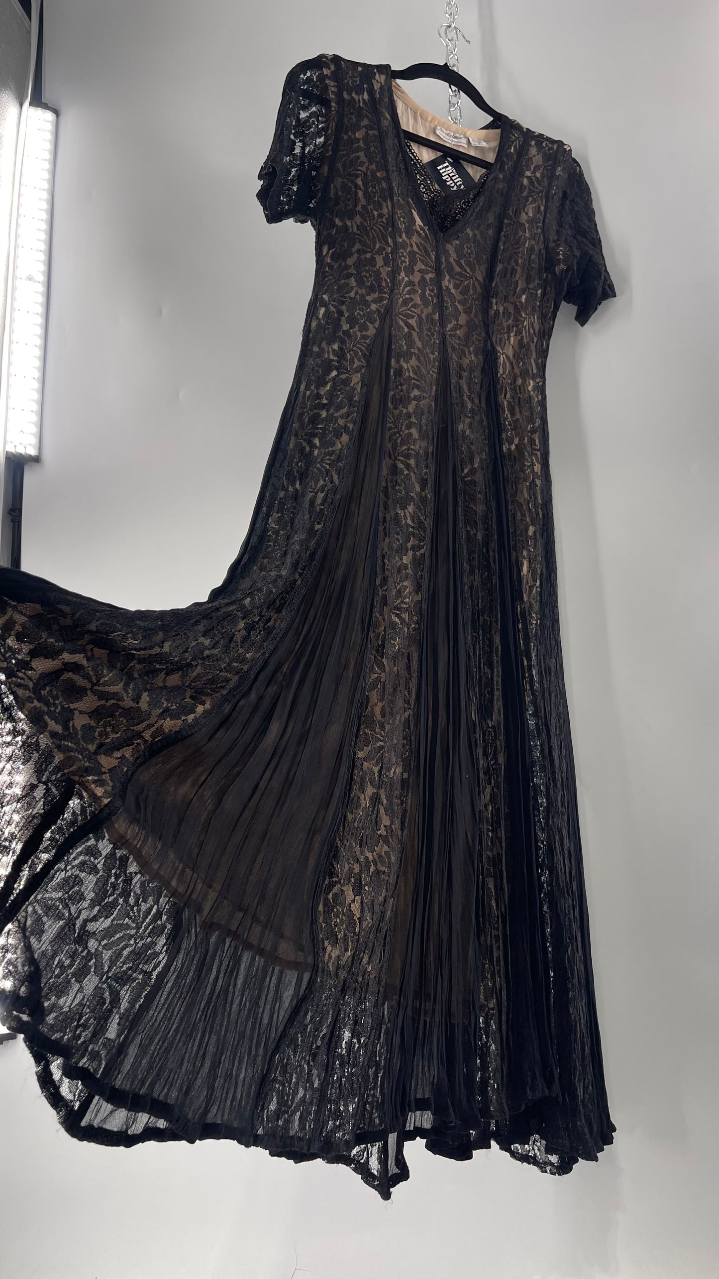 Nostalgia Vintage Black Lace Gown with Pleated Vents and Beige Underlay (Small)