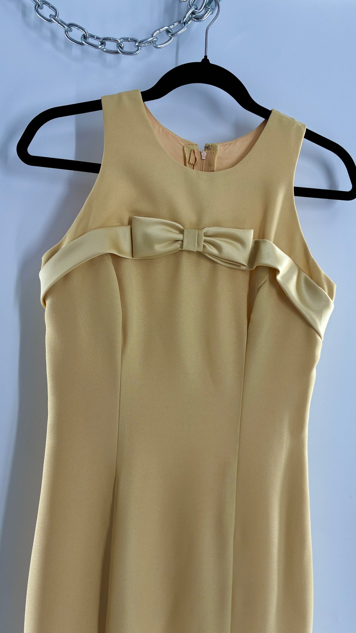 Vintage ALYCE’S Baby Yellow High Neck Satin Bow Bust, Side Slit, Button Back Gown (Measured)