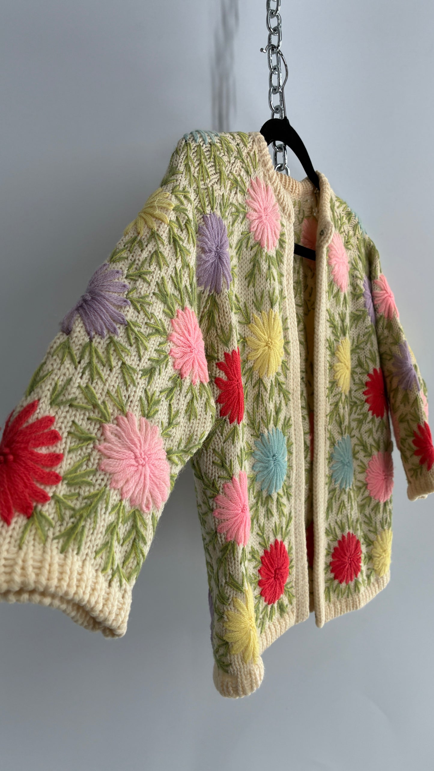 Vintage Hand Knit Beige Cardigan with Colorful Flowers (Small)