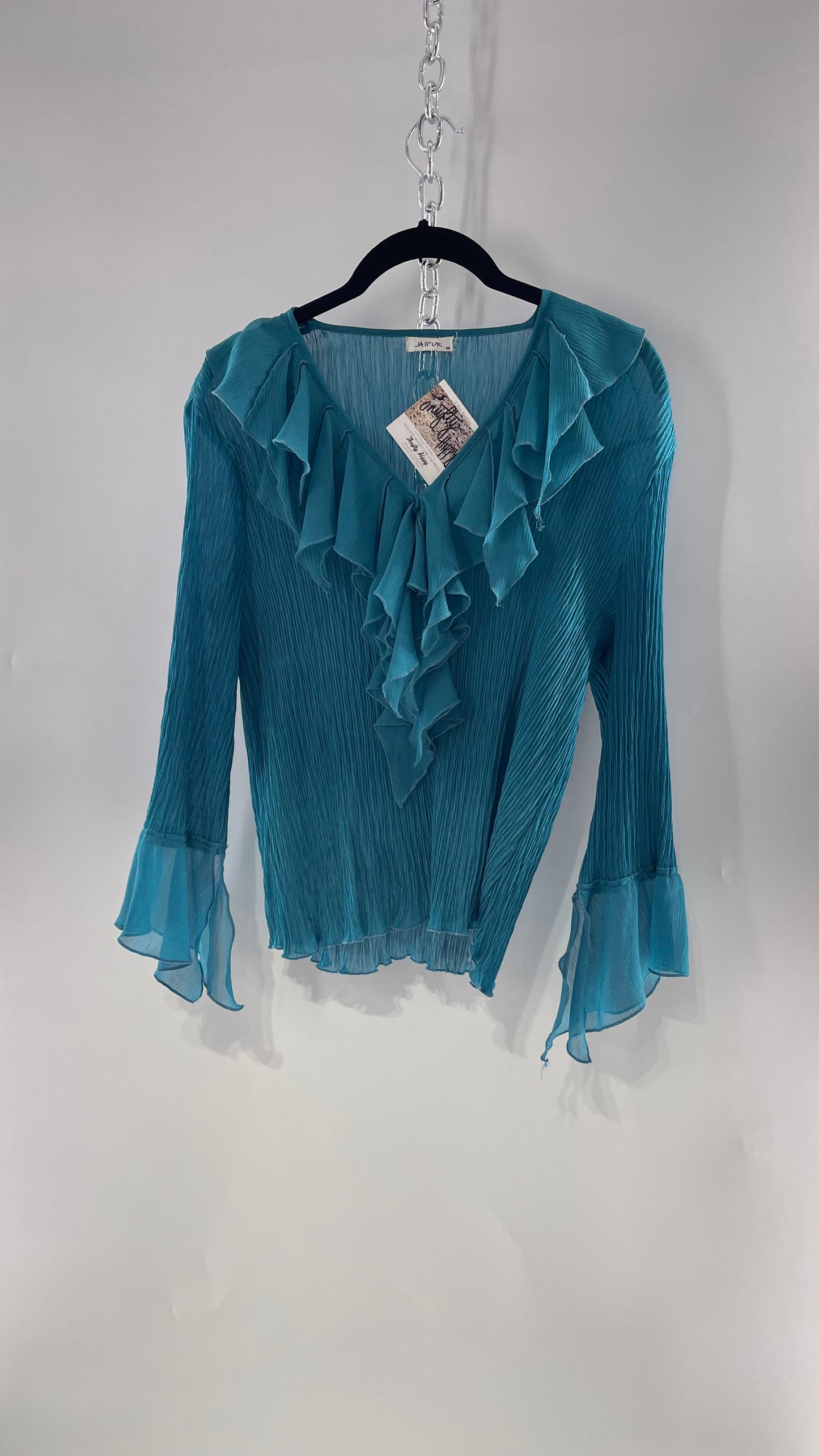 Vintage Jaipur Blue Crimped Blouse with Sheer Handkerchief Cuffs and Ruffled Neckline (Medium)