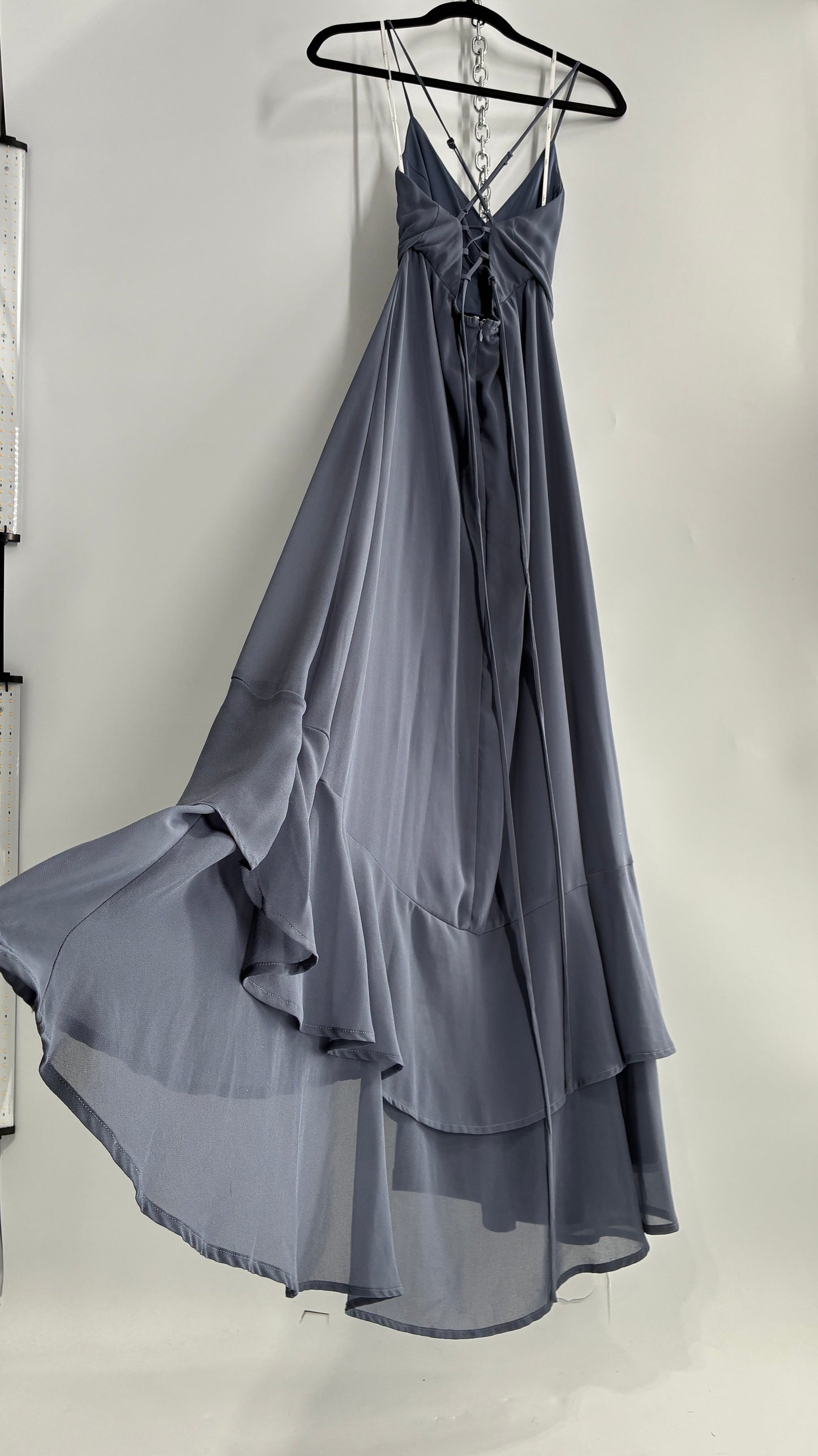 Lulus Greyish Blue Full Length Dress with Tie Up Back and Ruffled Hem (S)