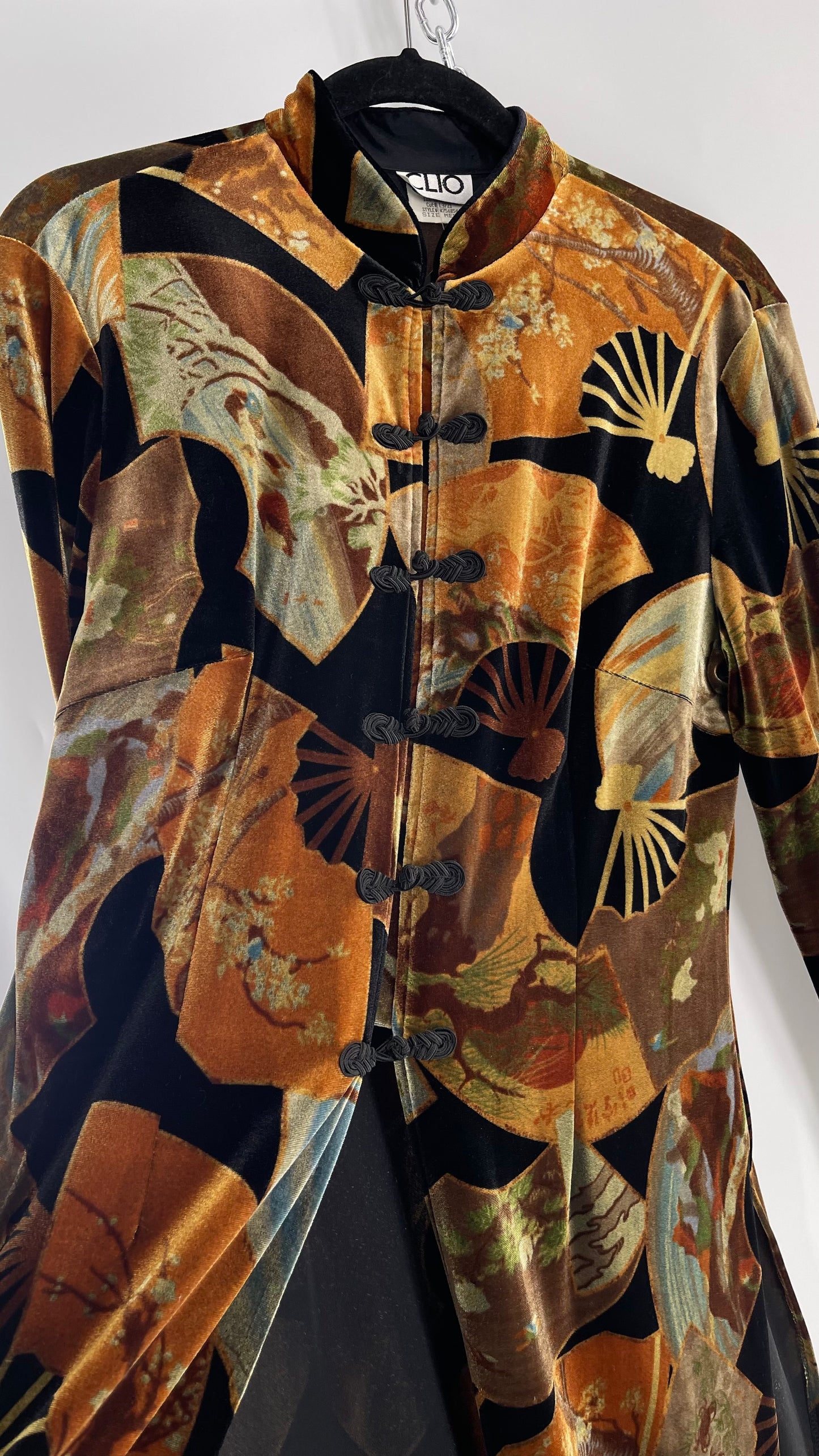 Vintage CLIO 1990s Black Velvet/Velour Fan Patterned Duster Coat (Medium)