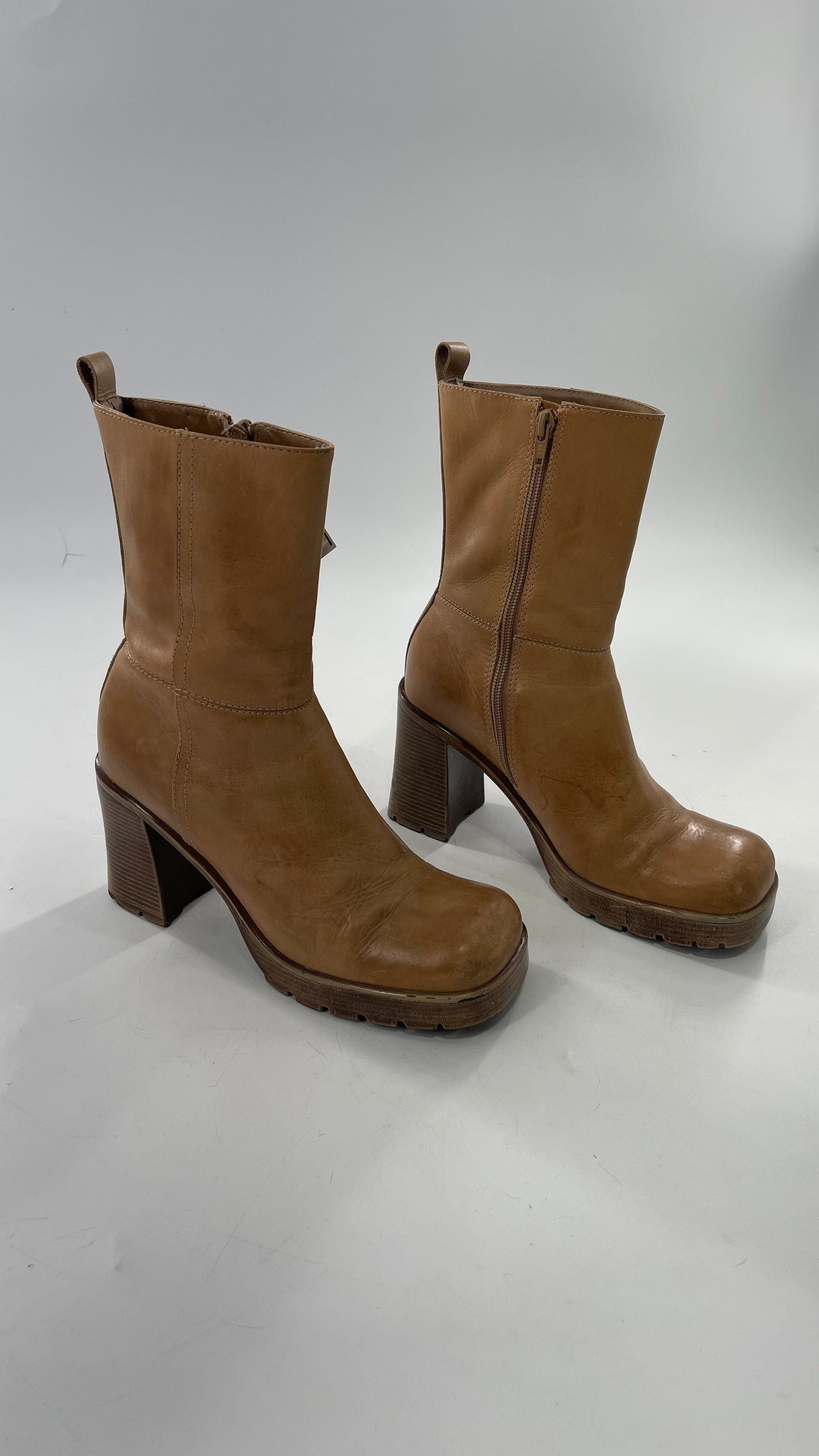 Vintage 90s Steve Madden Tan Leather Funky Square Toe Boot with Platform and Chunky Heel