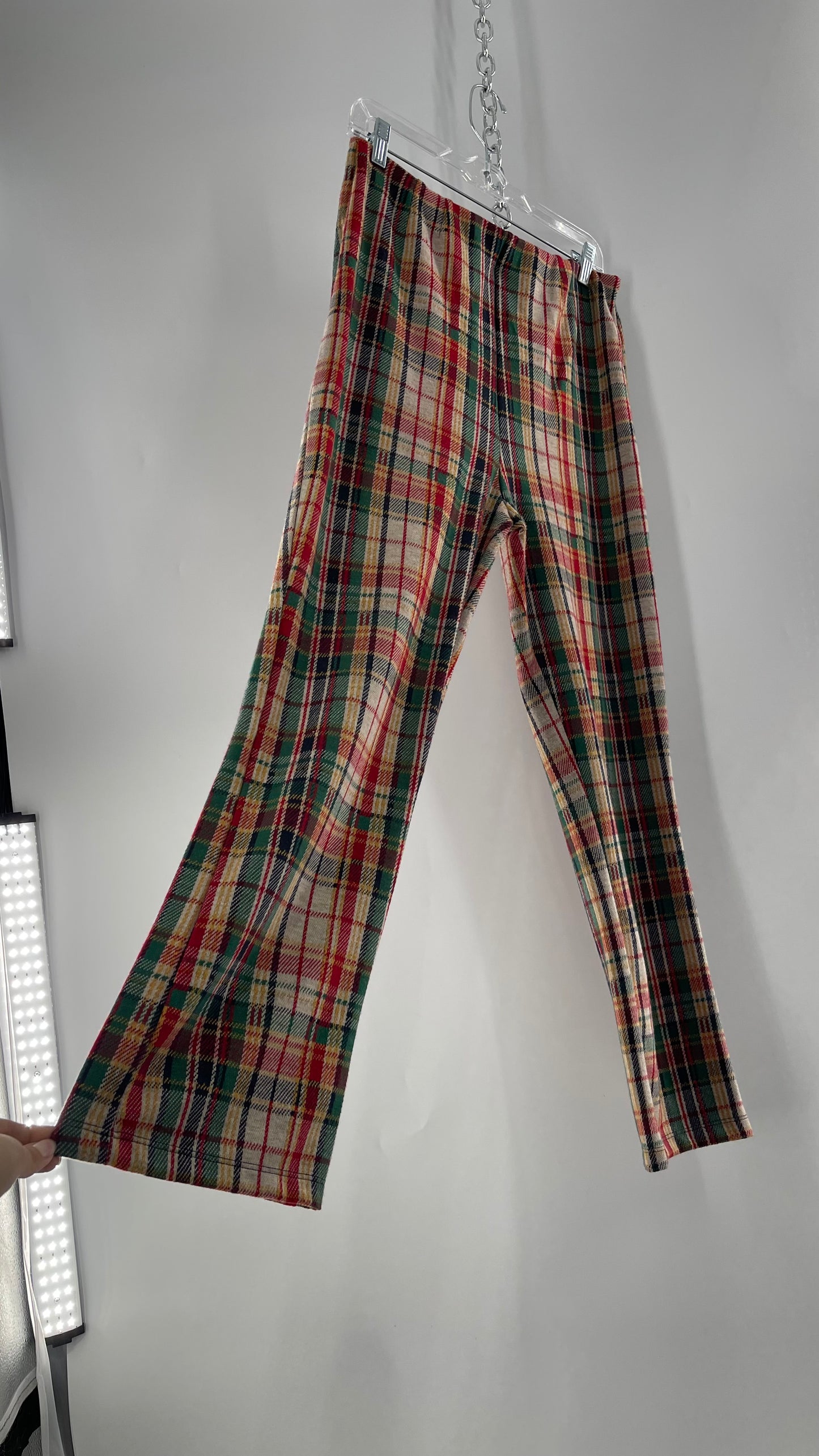 Free People Red\Green Plaid Knit Straight Leg Pants with Elastic Waist ( L)