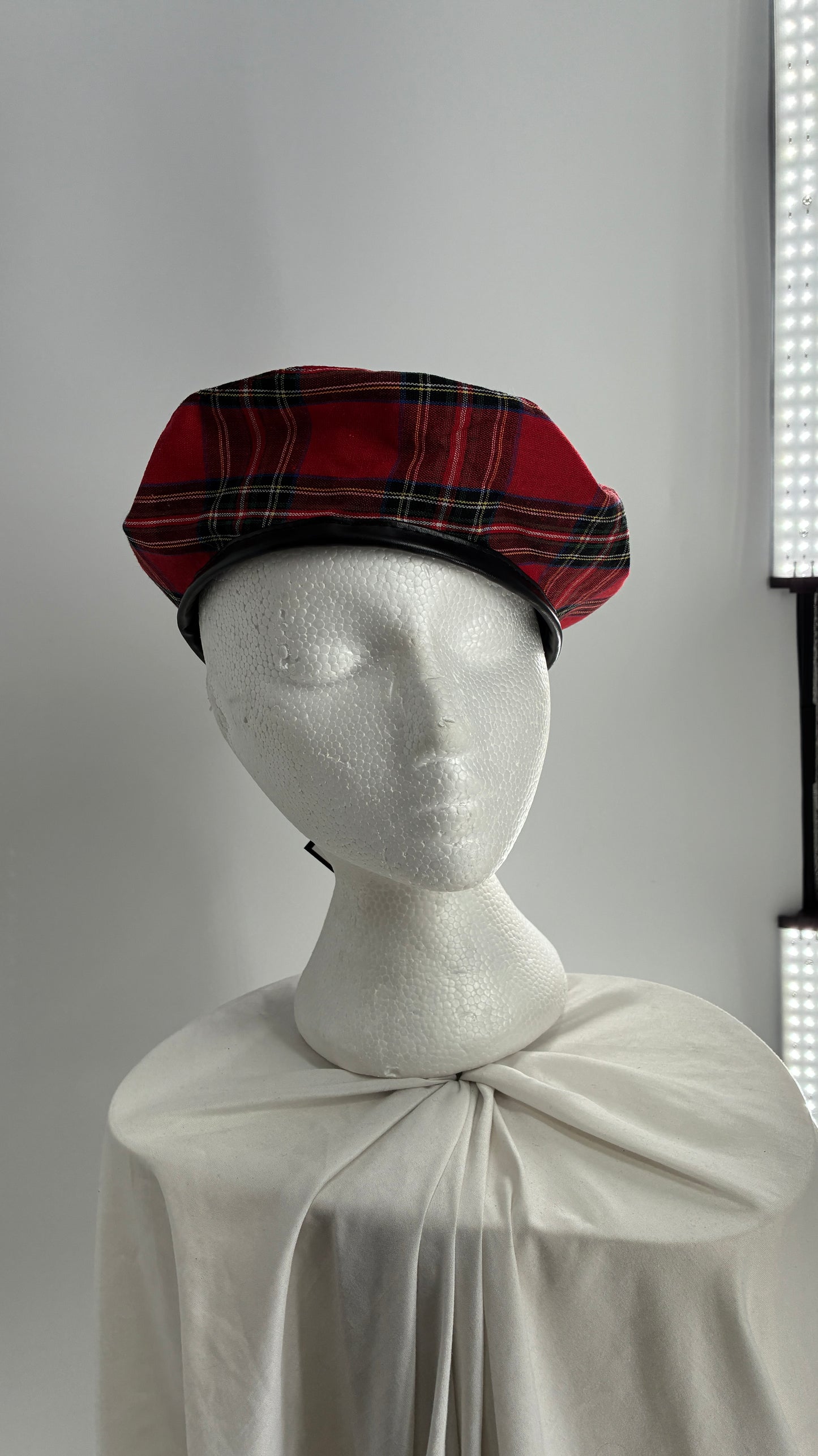 Red Plaid Beret with Vegan Leather Strap with Silver Metal Hardware