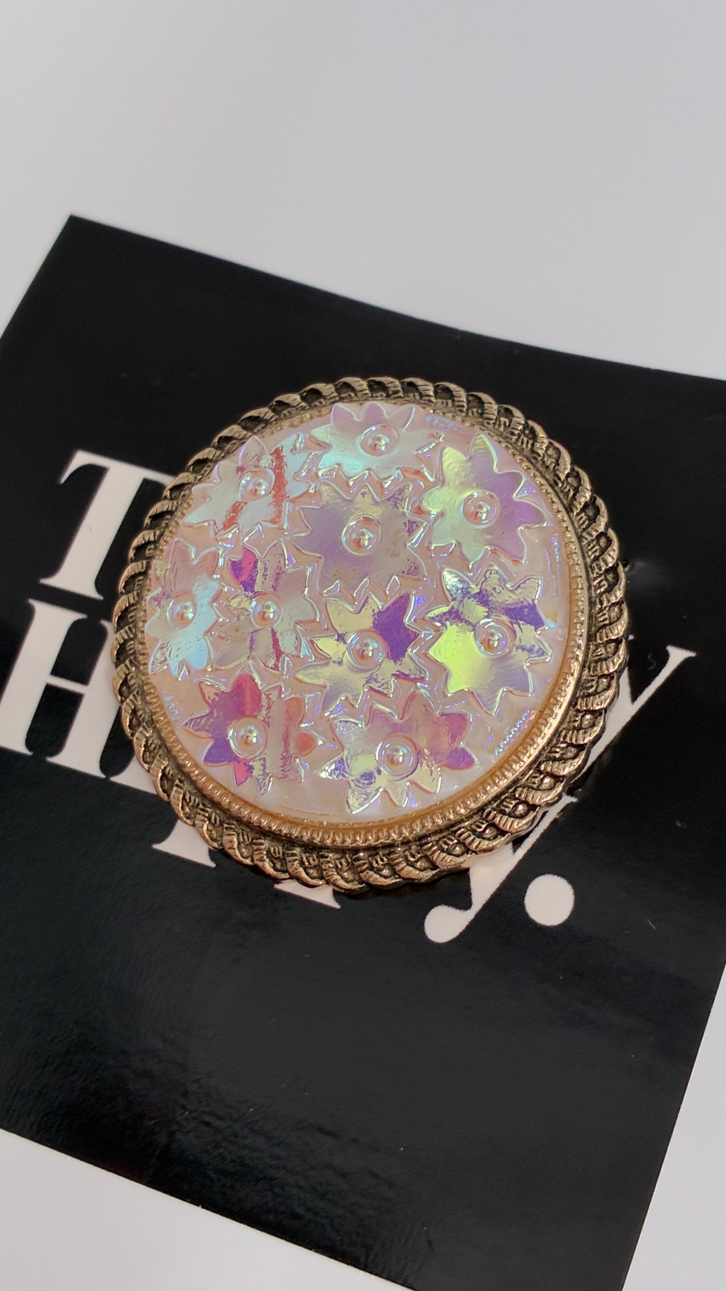 Vintage Scarf Ring Loop with Gold Metal Border and Iridescent Flowers