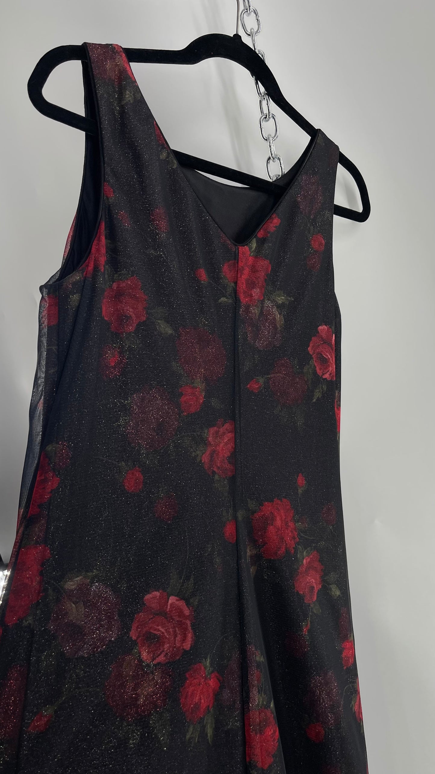Vintage TEDDI EVENING Dress with Red Rose Layer Over Glitter Graphic and Black Base Layer (10)
