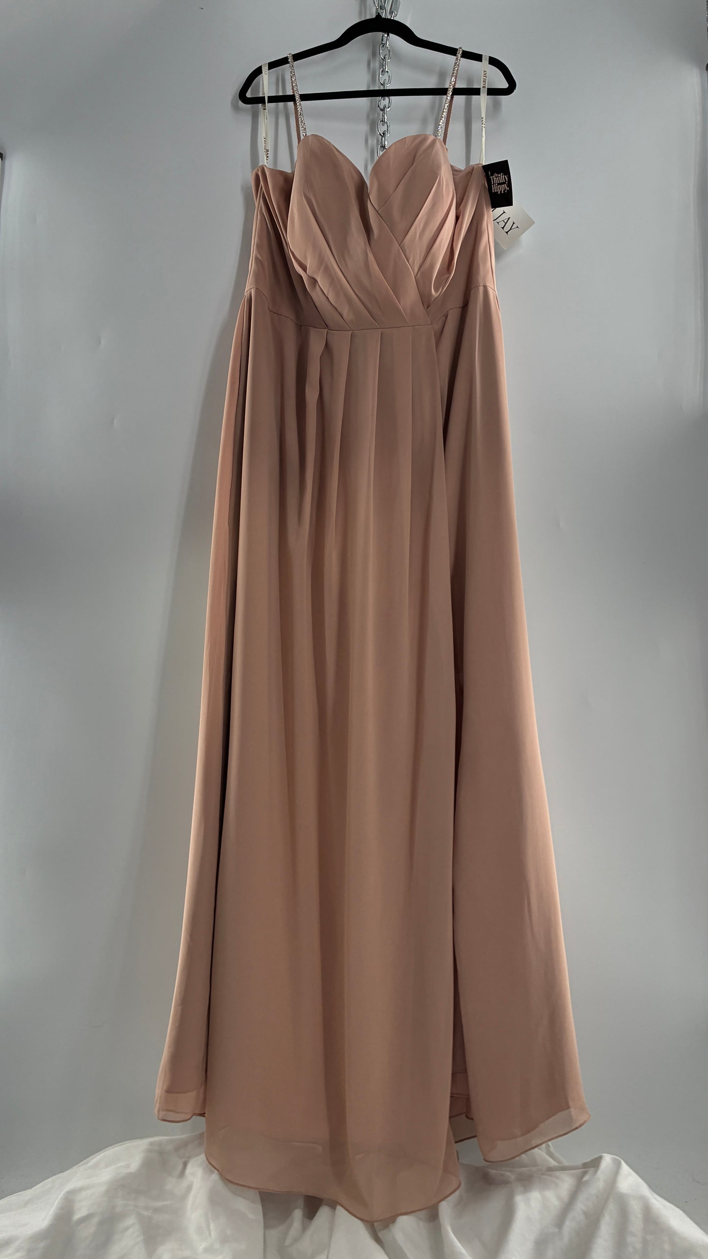 Vintage BARI JAY Nude/Blush Pink Full Length Dress with Embellished Straps and Side Slit Detail (16W)