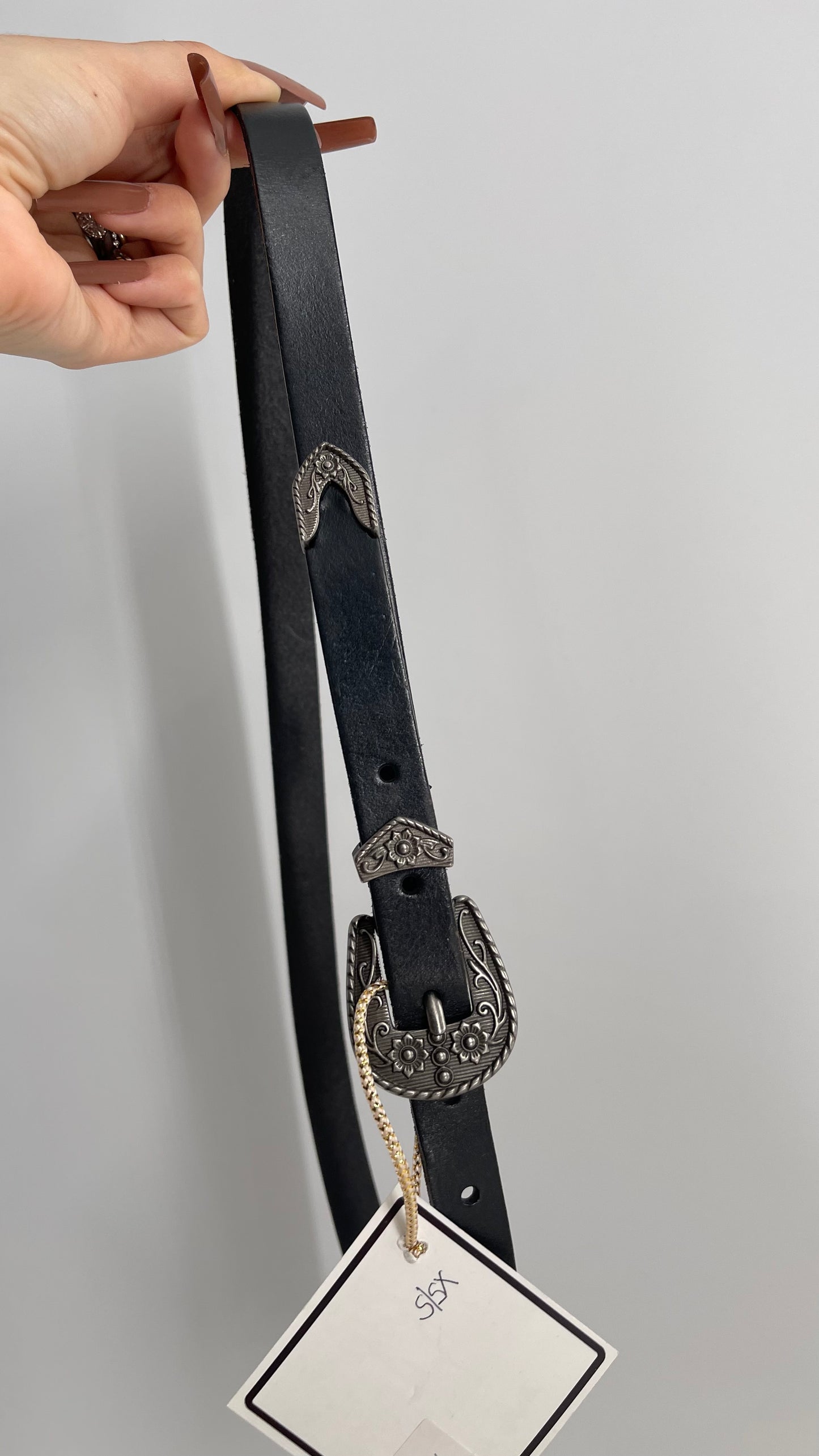 Skinny Black Leather Western Buckle Belt (XS/S)