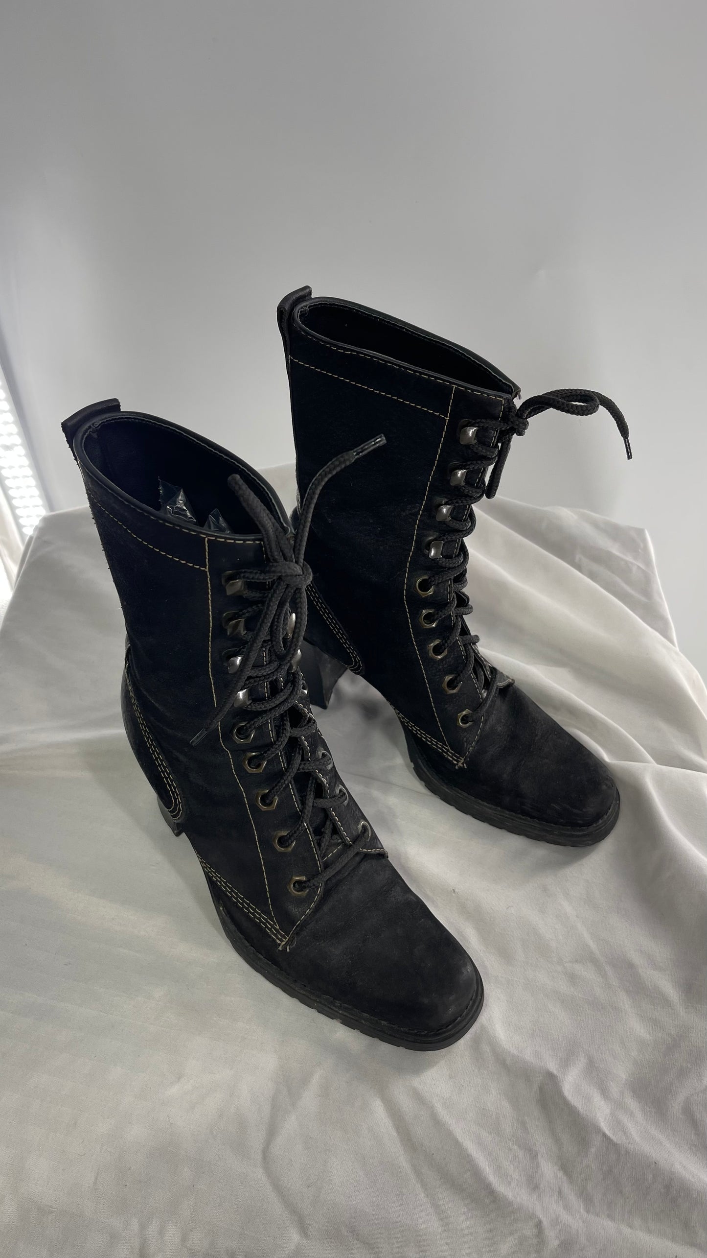 Vintage Nine West Leather Black Lace Up Combat Boots (7)