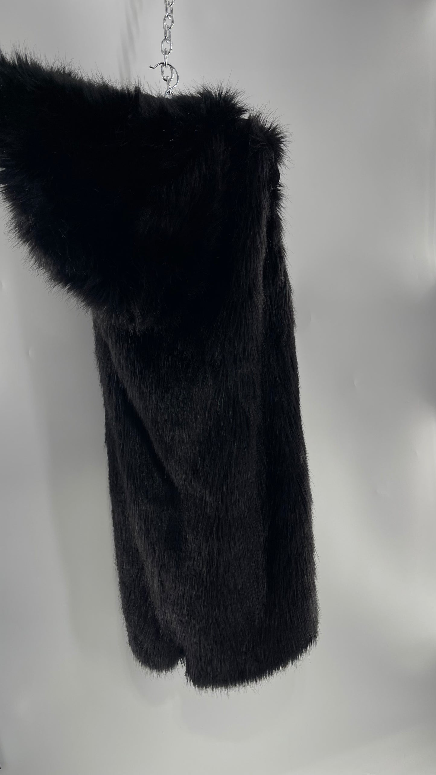 Full Length Black Fuzzy Sleeveless Vest with Oversized Hood (Medium)
