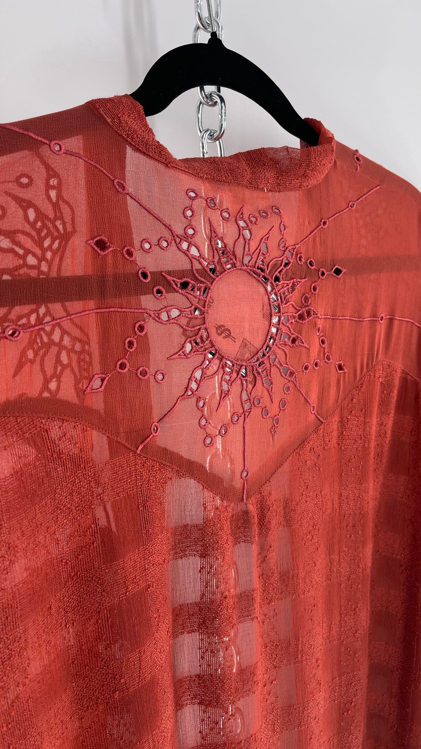 NFO Anthropologie Burnt Orange Cape With Embroidered Solstice Sun and Crescent Moon Designs (One Size)
