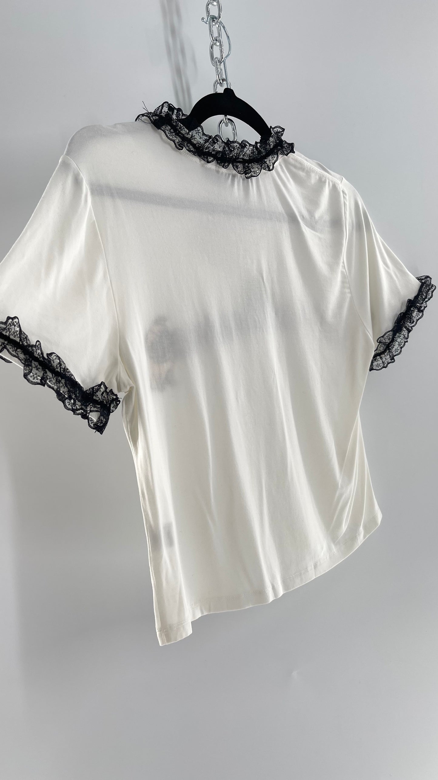 Colin Locascio Tannie T Shirt White Black Lace Ruffle Sleeves Frog Embroidery (Small)