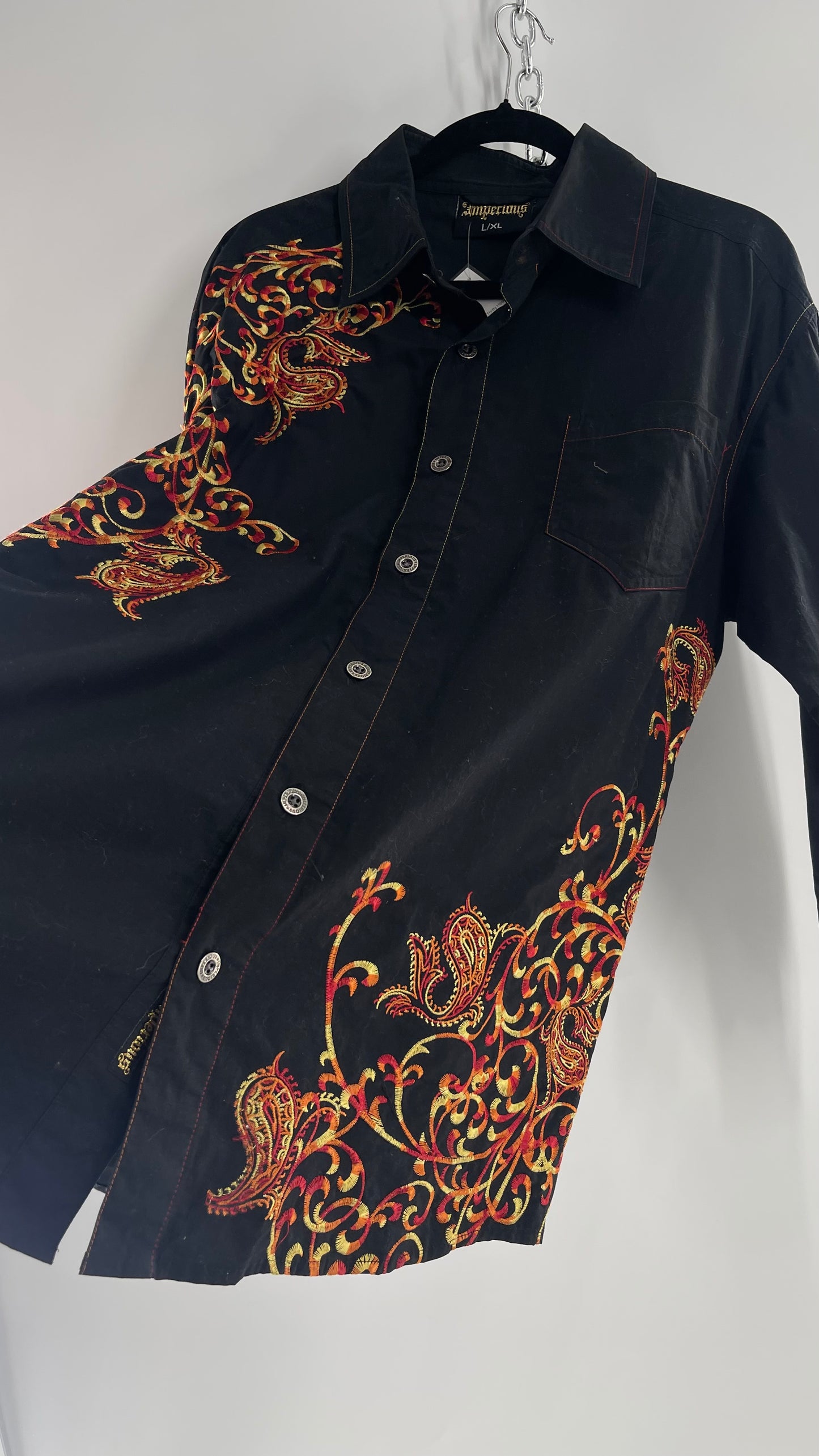 Vintage IMPERIOUS Men’s Black Button Up with Heavy Red/Orange Embroidery (L/XL)