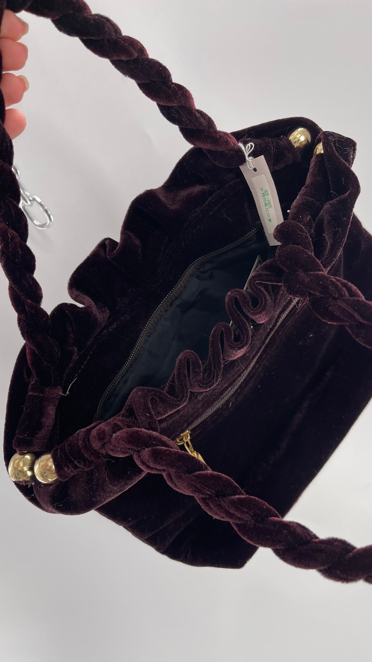 Vintage Purple Violet Velvet Quilted Purse with Rope Handles and Gold Metal Closure