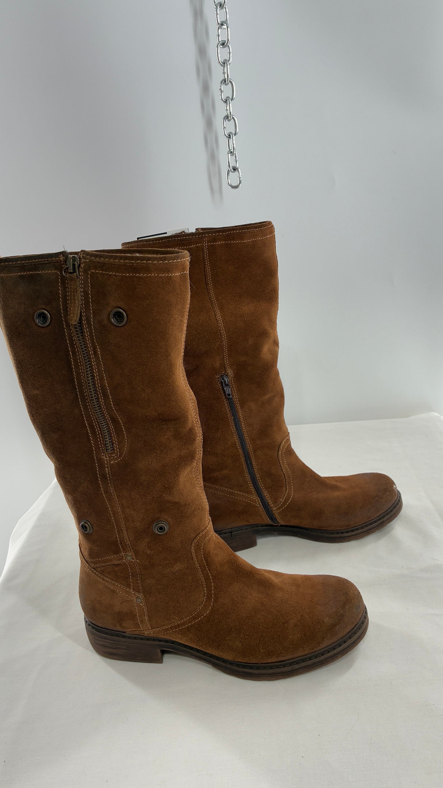 MANAS Brown Suede Leather Combat Style Boots with Fold Over Option (40)