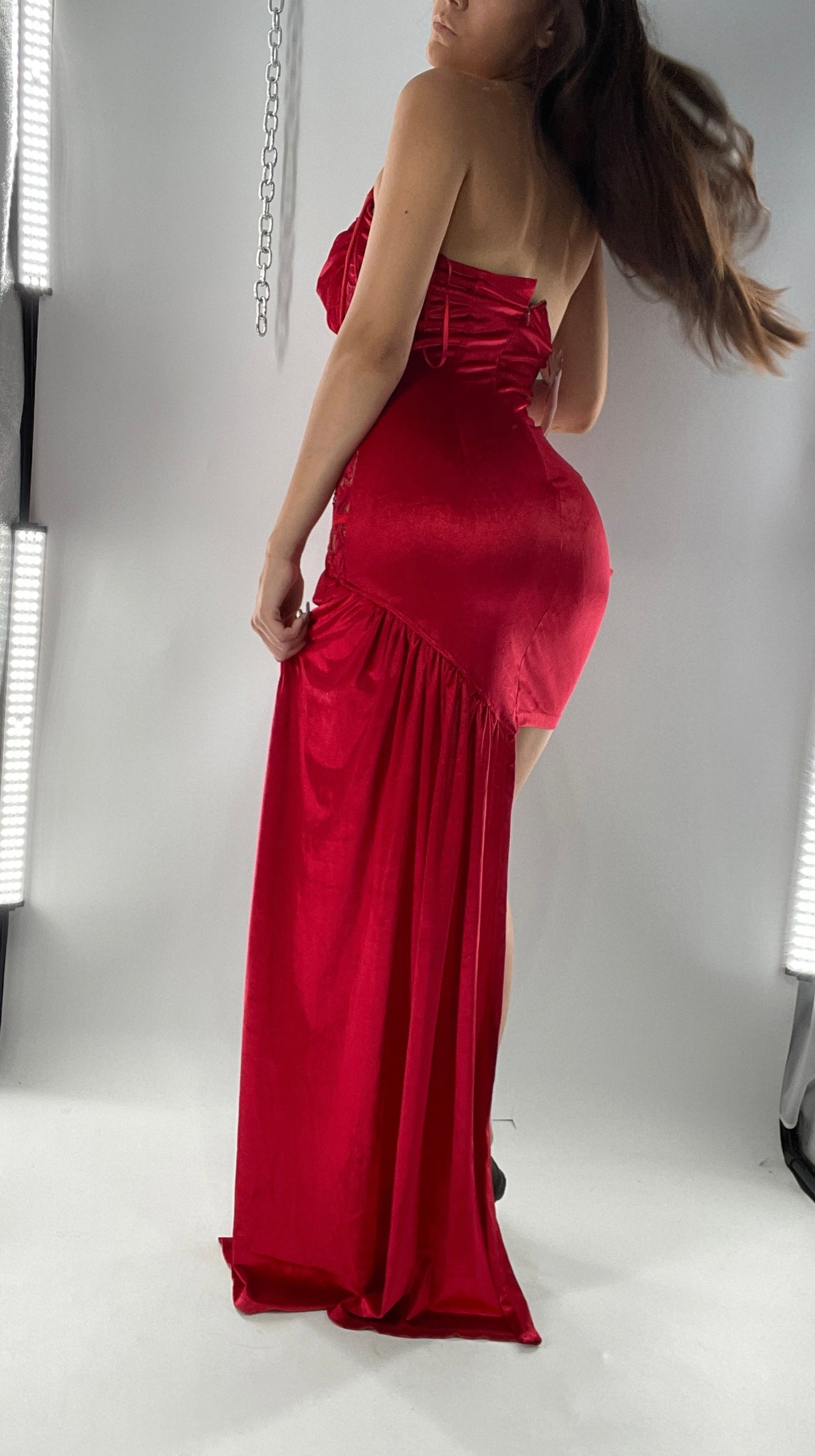 BANJUL Nalu Boutique Red Velvet Ultra Micro Mini Dress with Sheer Corseted Body, Ruched Cups and Side Sash (M)